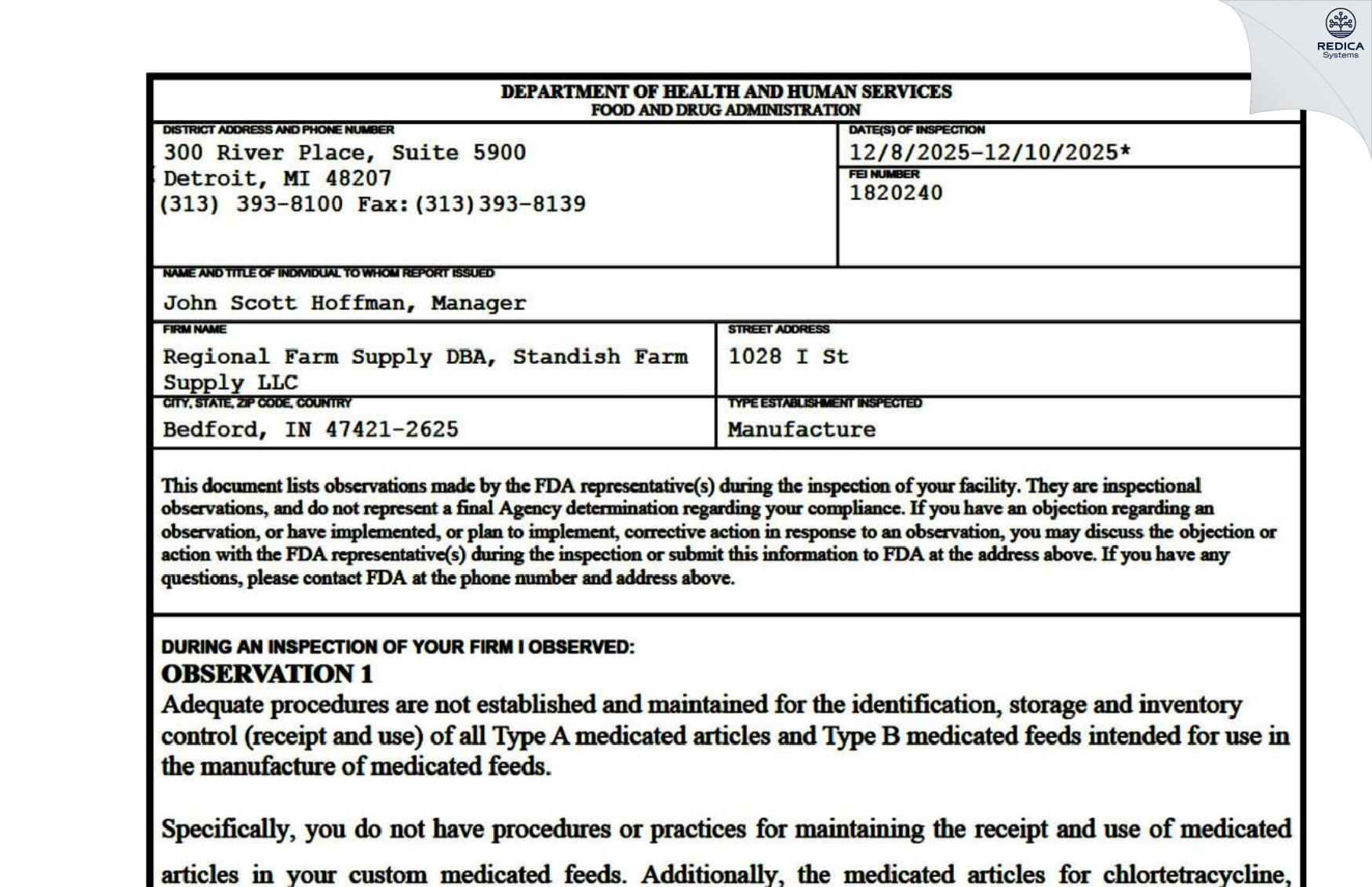 FDA 483 - Standish Farm Supply Inc [Bedford / United States of America] - Download PDF - Redica Systems