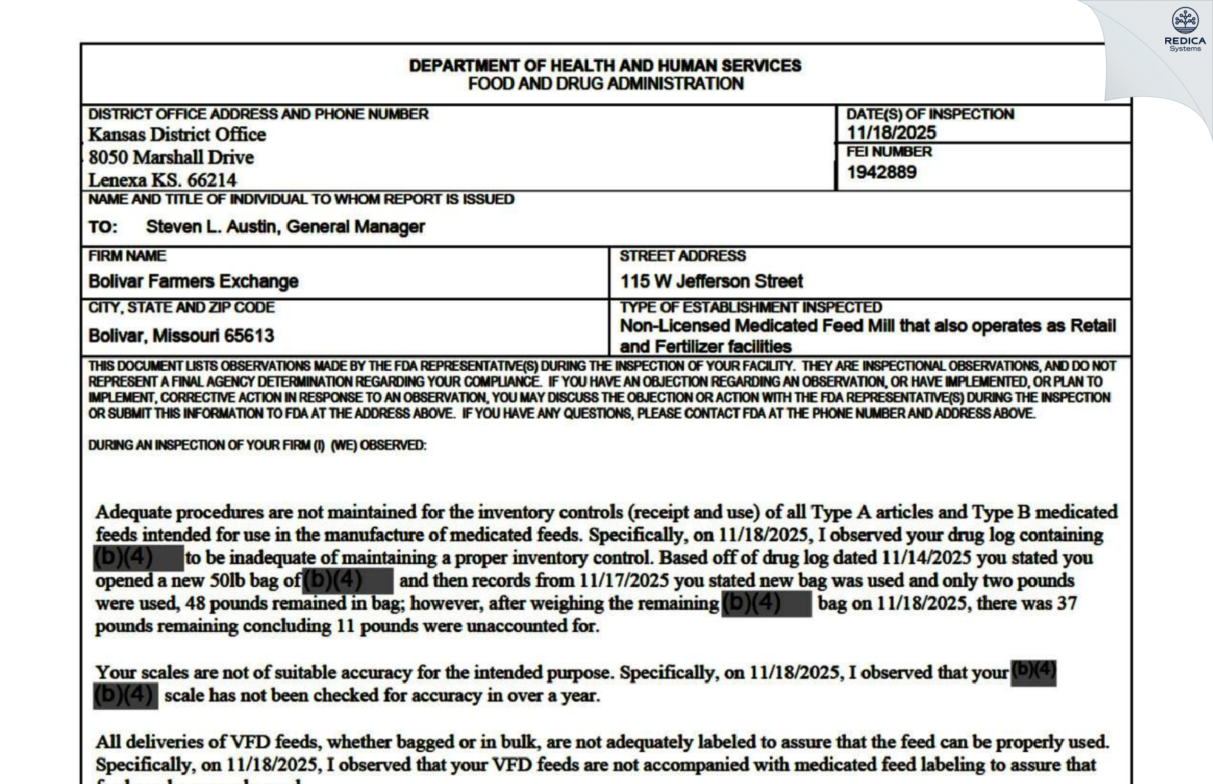 FDA 483 - Bolivar Farmers Exchange [Bolivar / United States of America] - Download PDF - Redica Systems