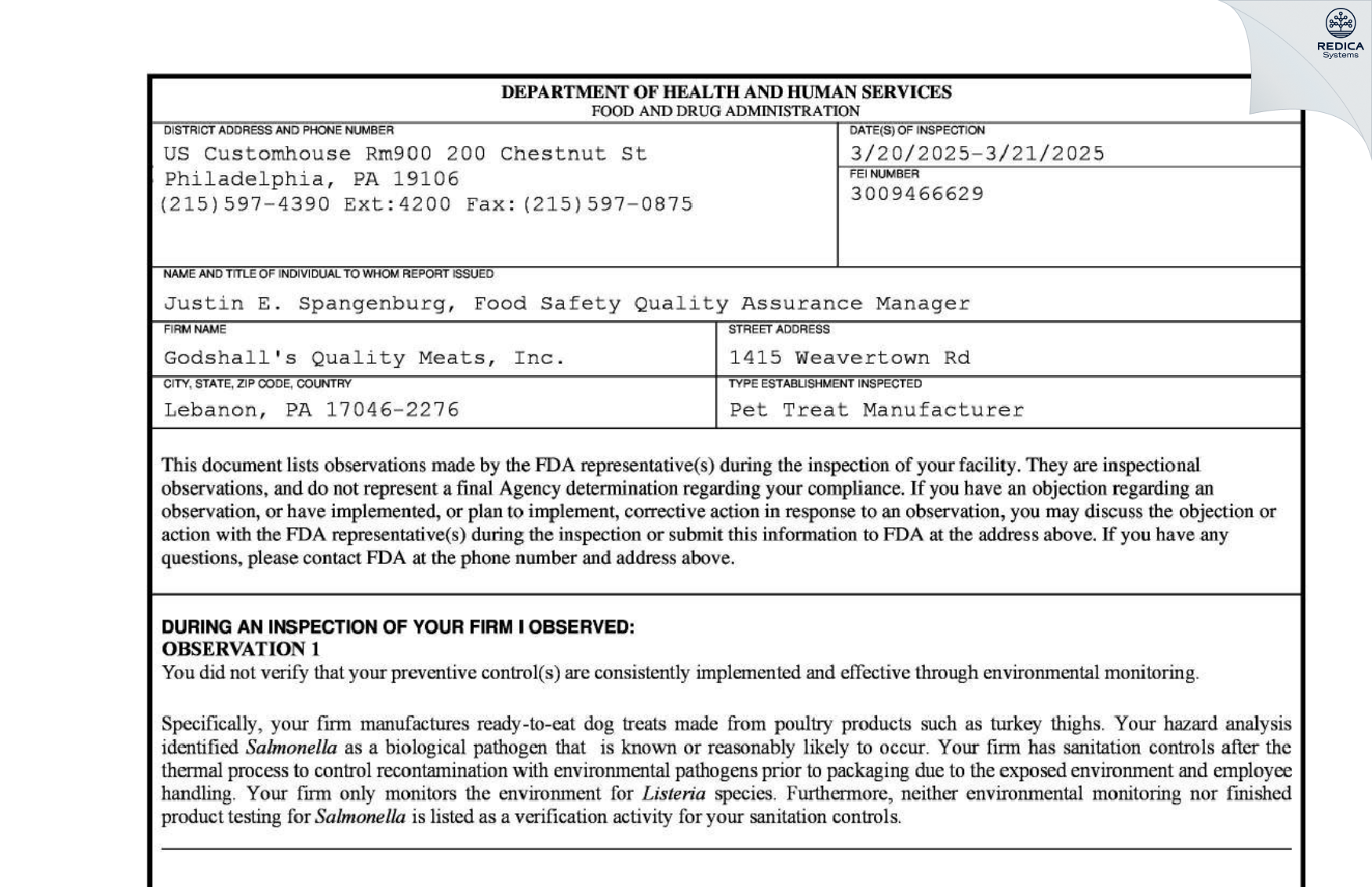 FDA 483 - Godshall's Quality Meats, Inc. dba The Daniel Weaver Company [Lebanon / United States of America] - Download PDF - Redica Systems