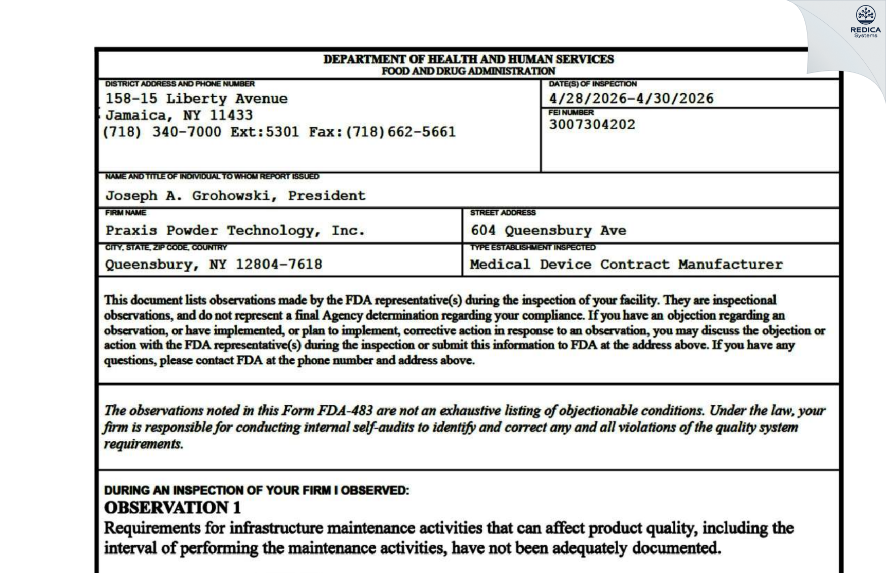 FDA 483 - Praxis Powder Technology, Inc. [Queensbury / United States of America] - Download PDF - Redica Systems