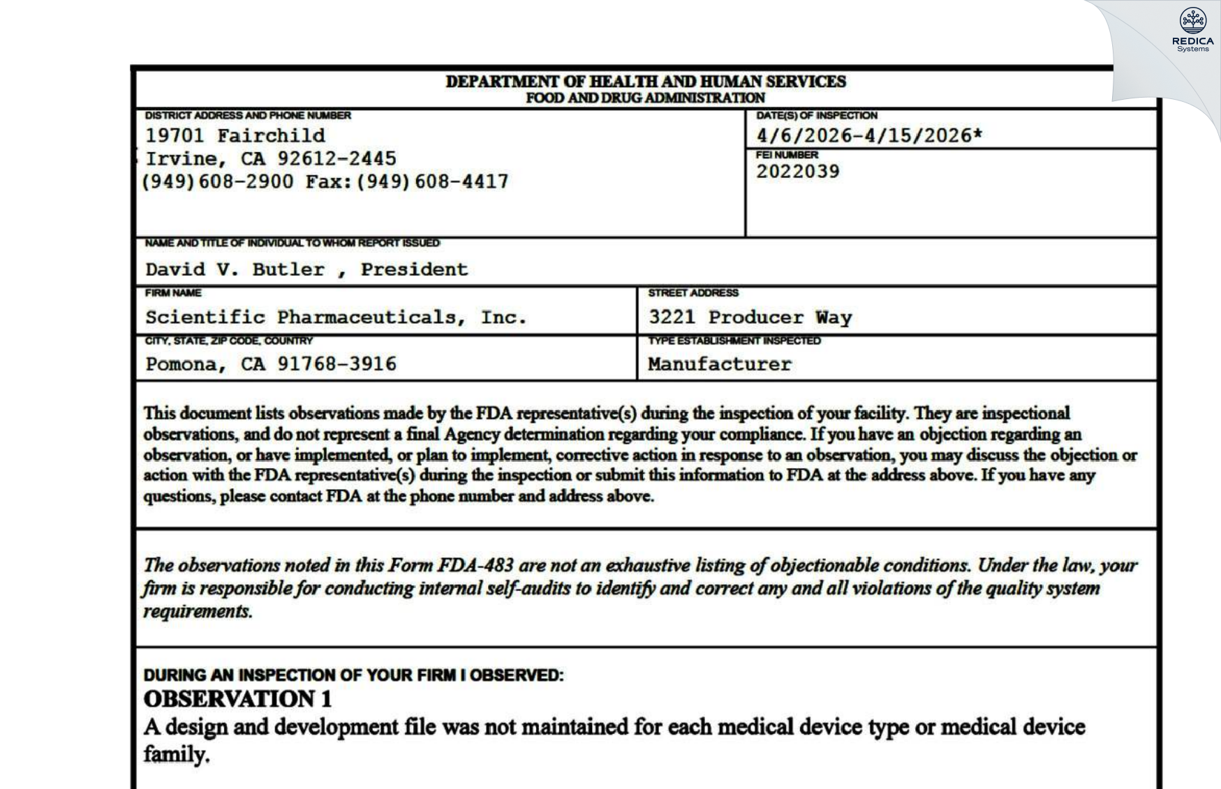 FDA 483 - Scientific Pharmaceuticals, Inc. [Pomona / United States of America] - Download PDF - Redica Systems