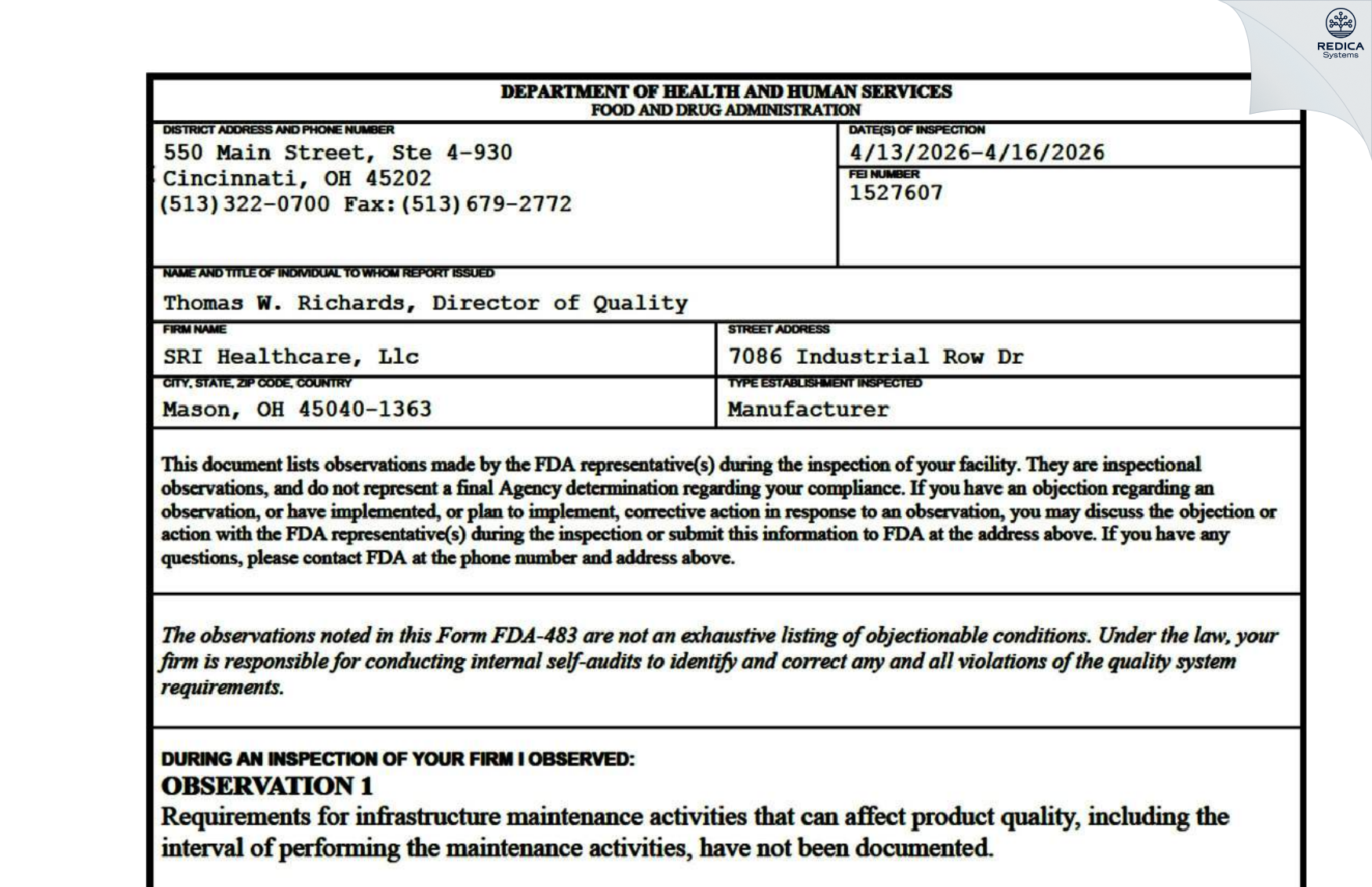FDA 483 - SRI Healthcare, Llc [Mason / United States of America] - Download PDF - Redica Systems