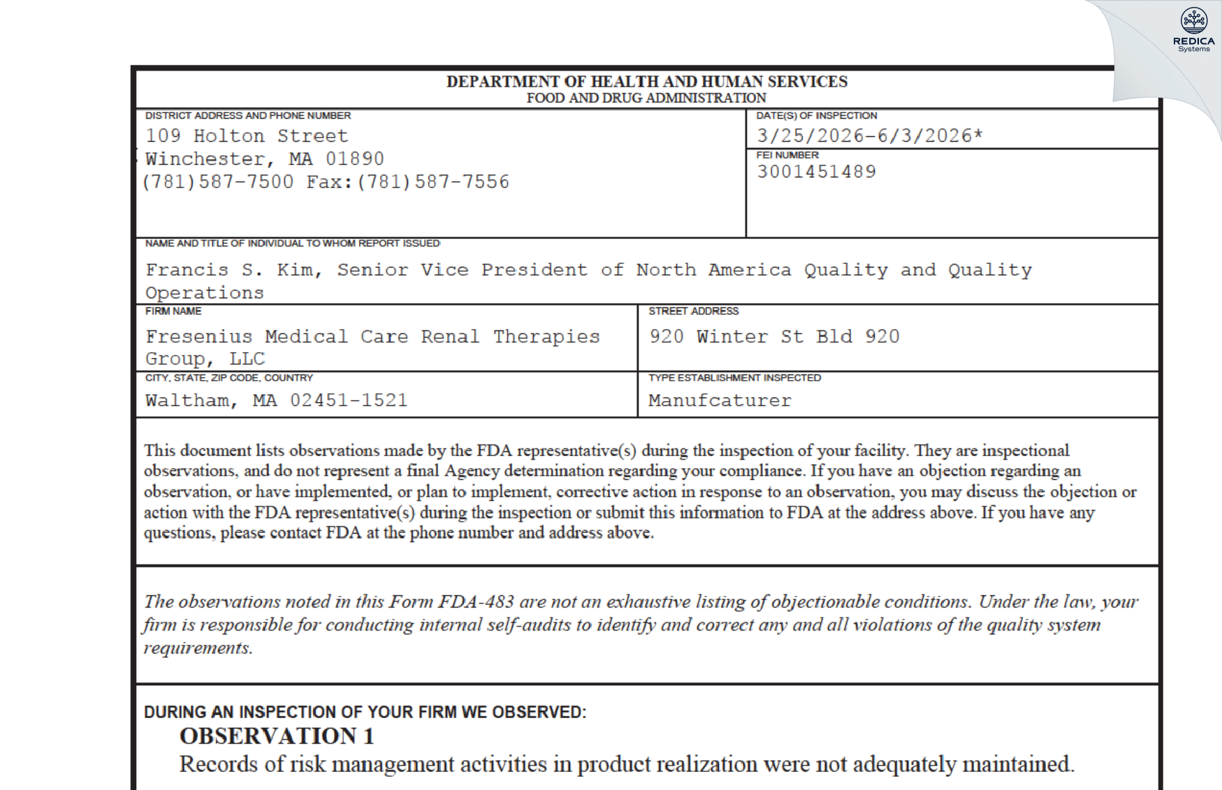 FDA 483 - Fresenius Medical Care Holdings, Inc. [Waltham / United States of America] - Download PDF - Redica Systems