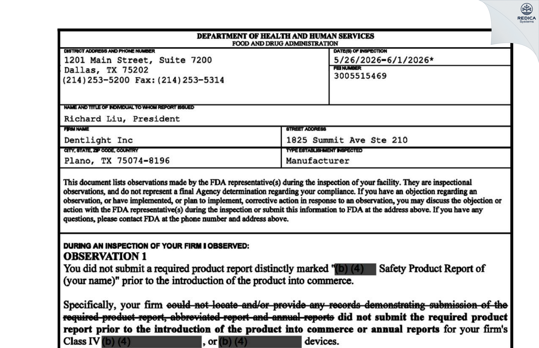 FDA 483 - Dentlight Inc [Plano / United States of America] - Download PDF - Redica Systems