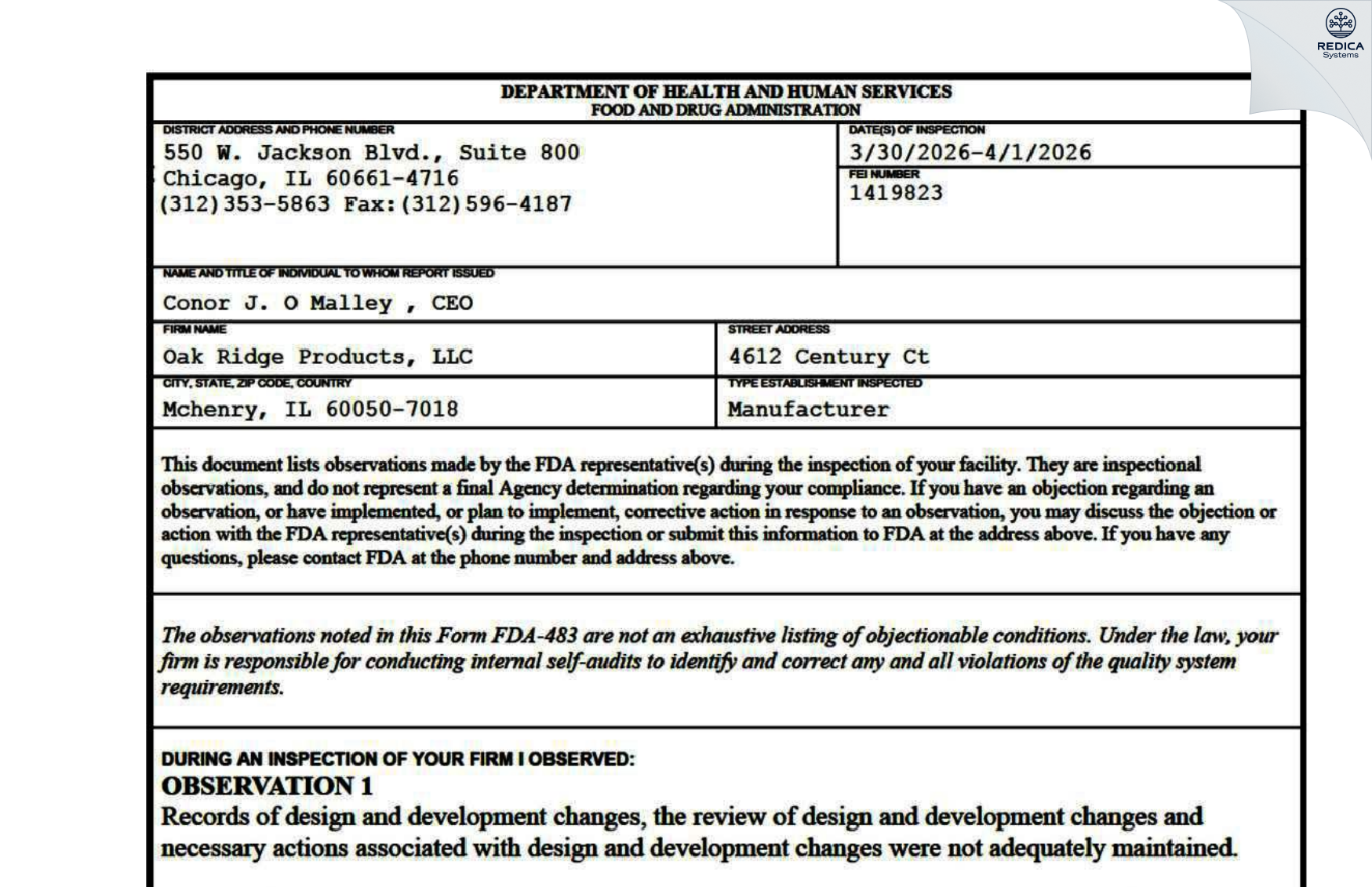 FDA 483 - Oak Ridge Products [Mchenry / United States of America] - Download PDF - Redica Systems