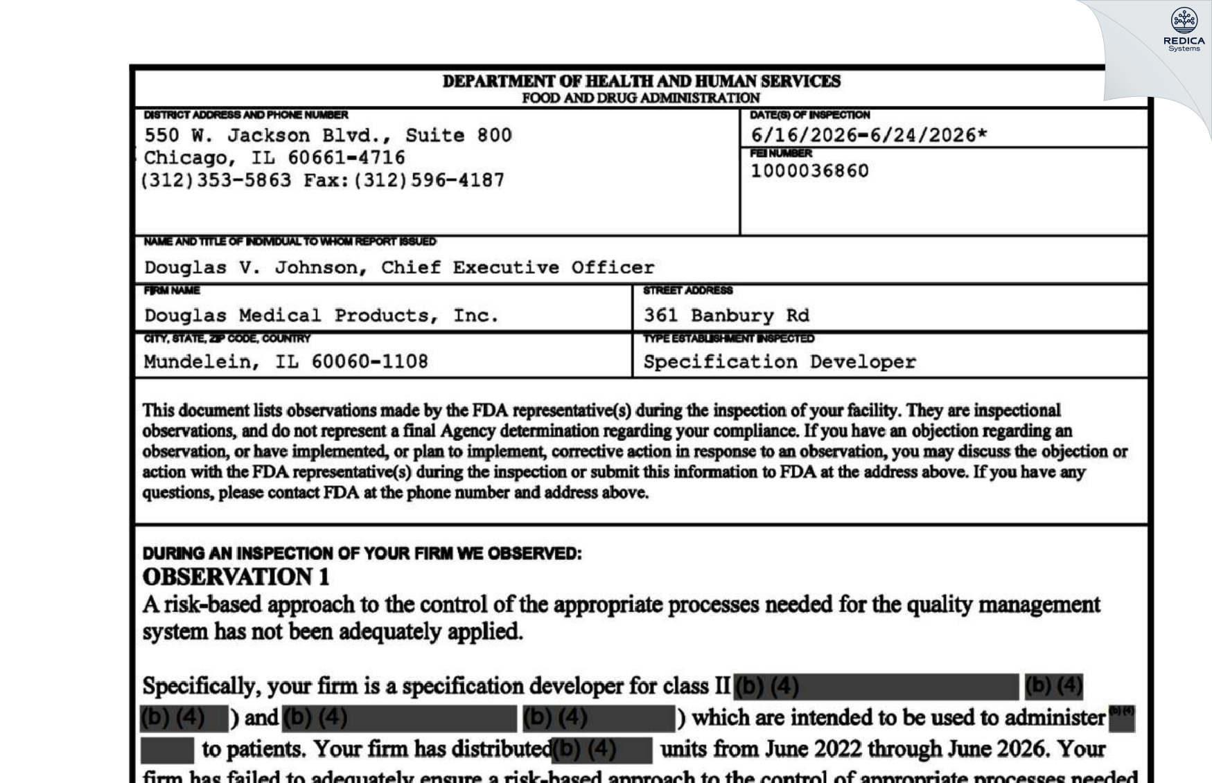 FDA 483 - Douglas Medical Products, Inc. [Mundelein / United States of America] - Download PDF - Redica Systems