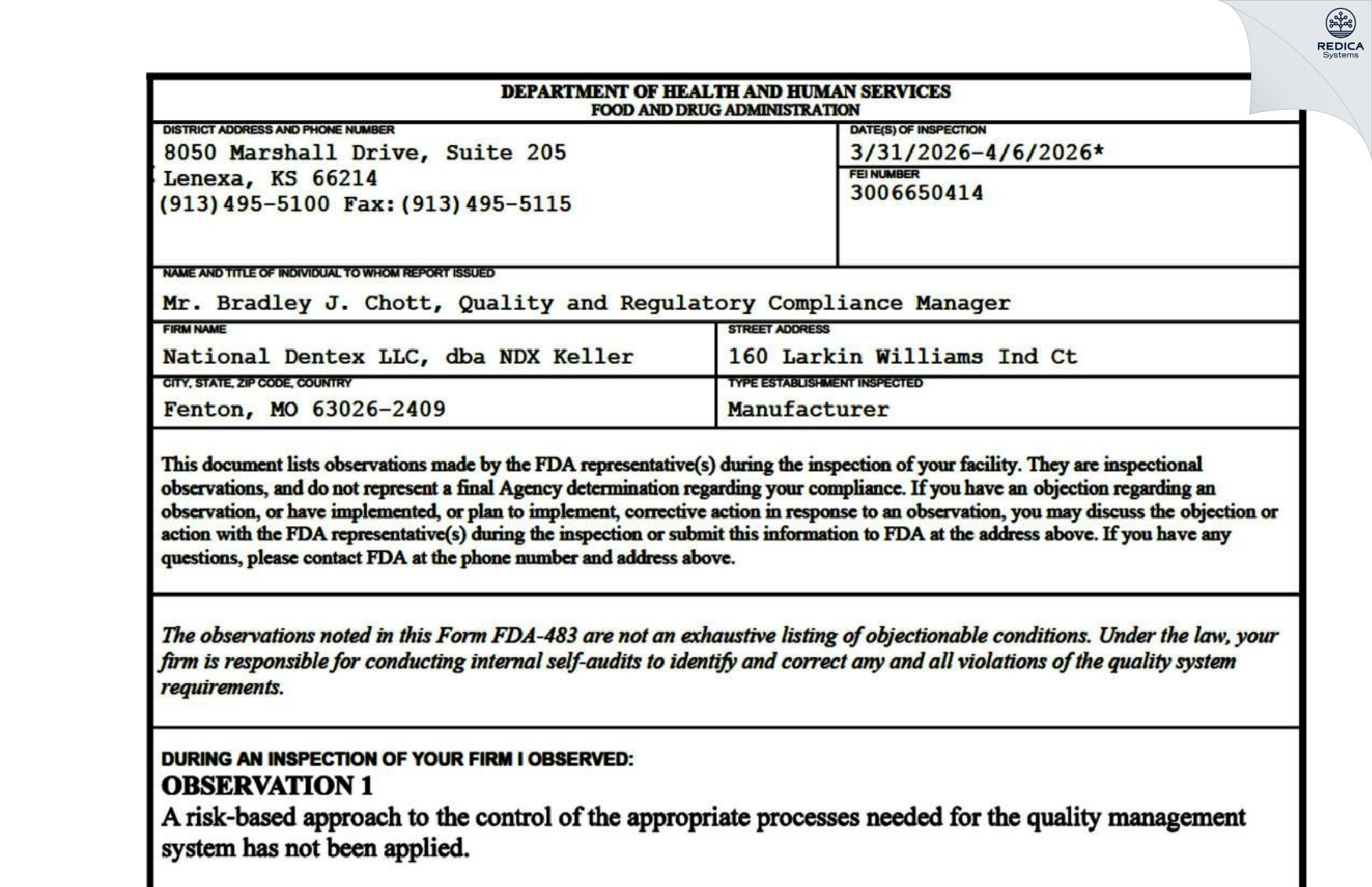 FDA 483 - Keller Laboratories [Fenton / United States of America] - Download PDF - Redica Systems