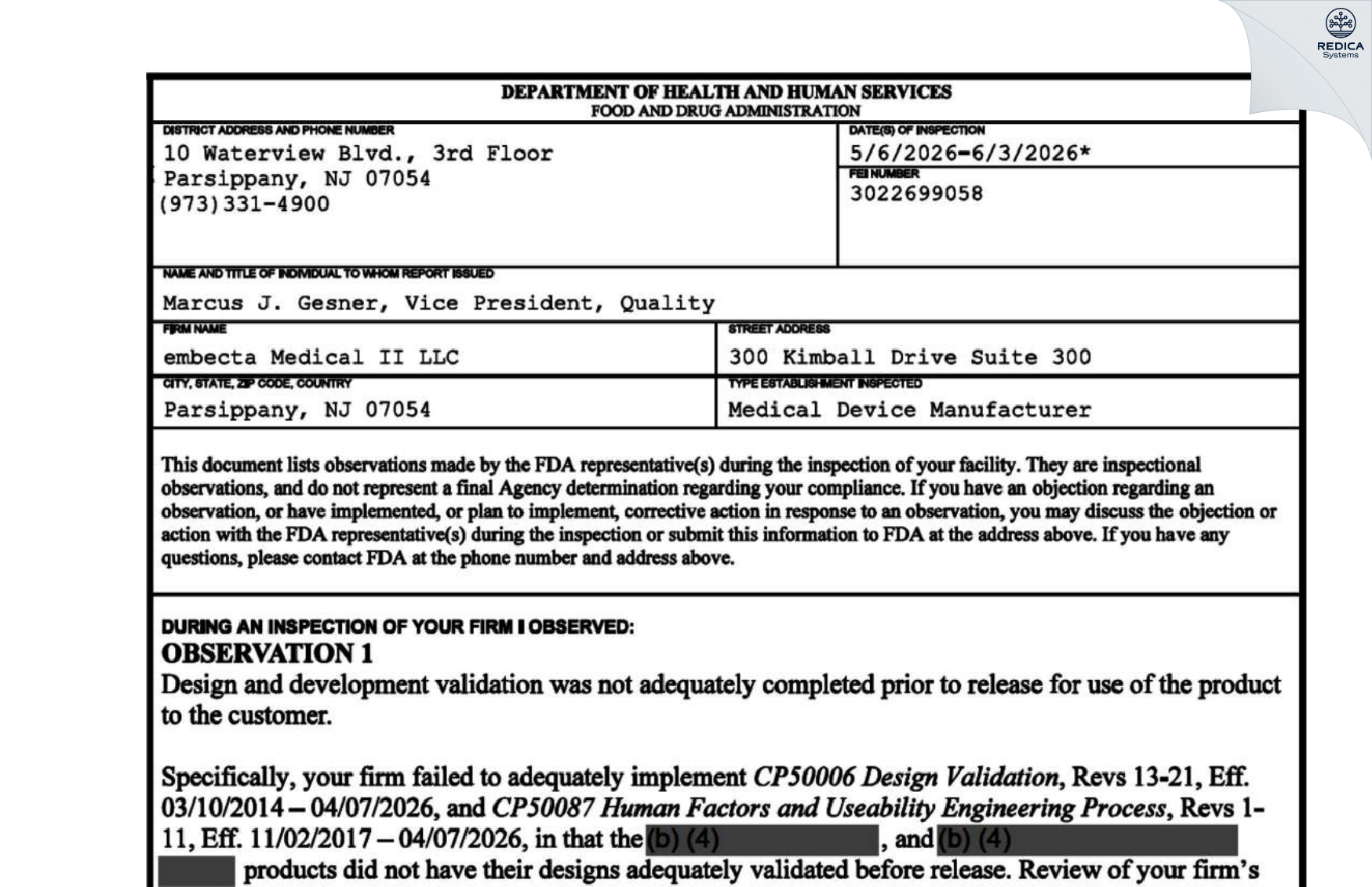 FDA 483 - Embecta Medical II LLC [Parsippany / United States of America] - Download PDF - Redica Systems