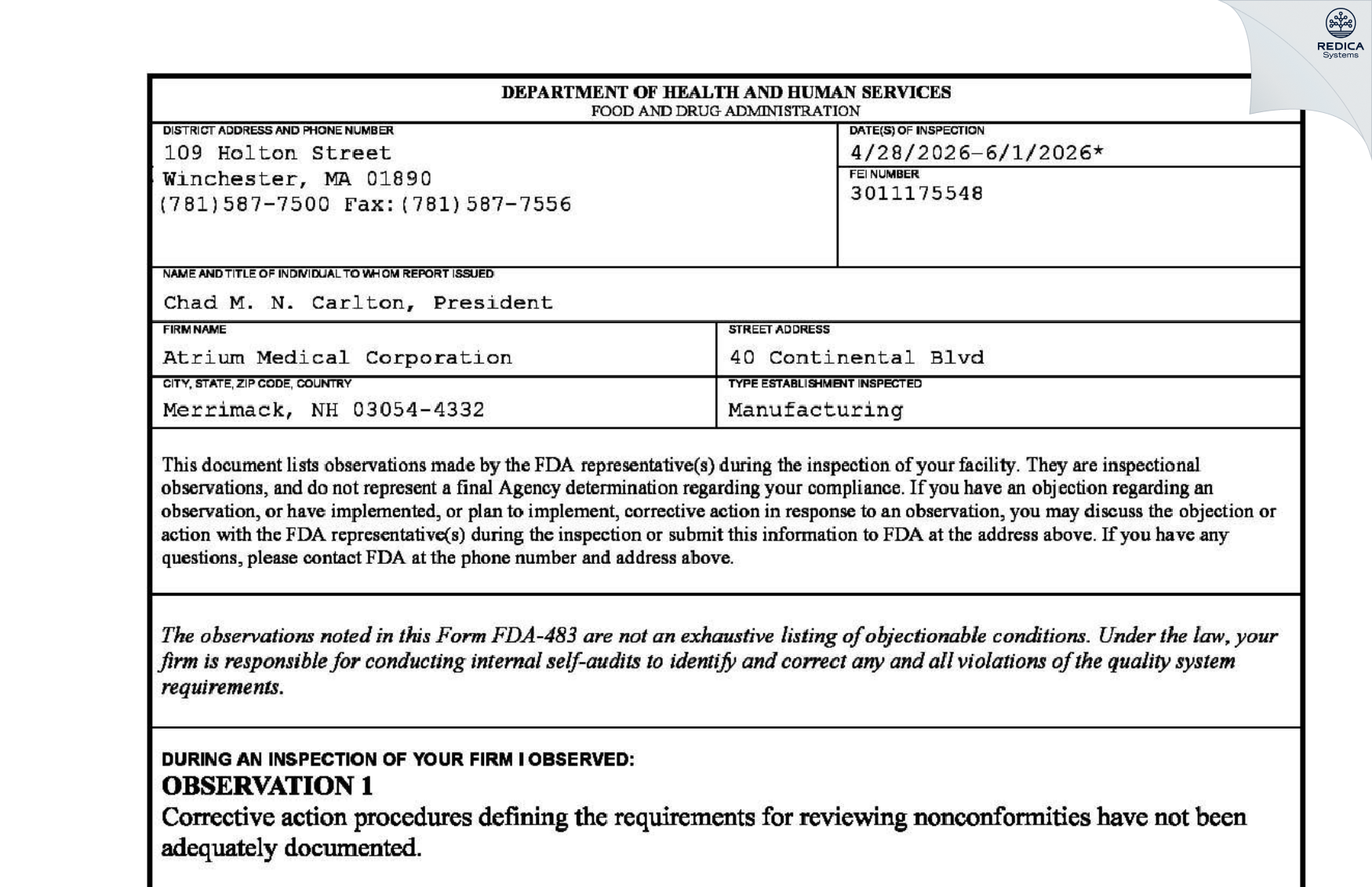 FDA 483 - Atrium Medical Corporation [Merrimack / United States of America] - Download PDF - Redica Systems