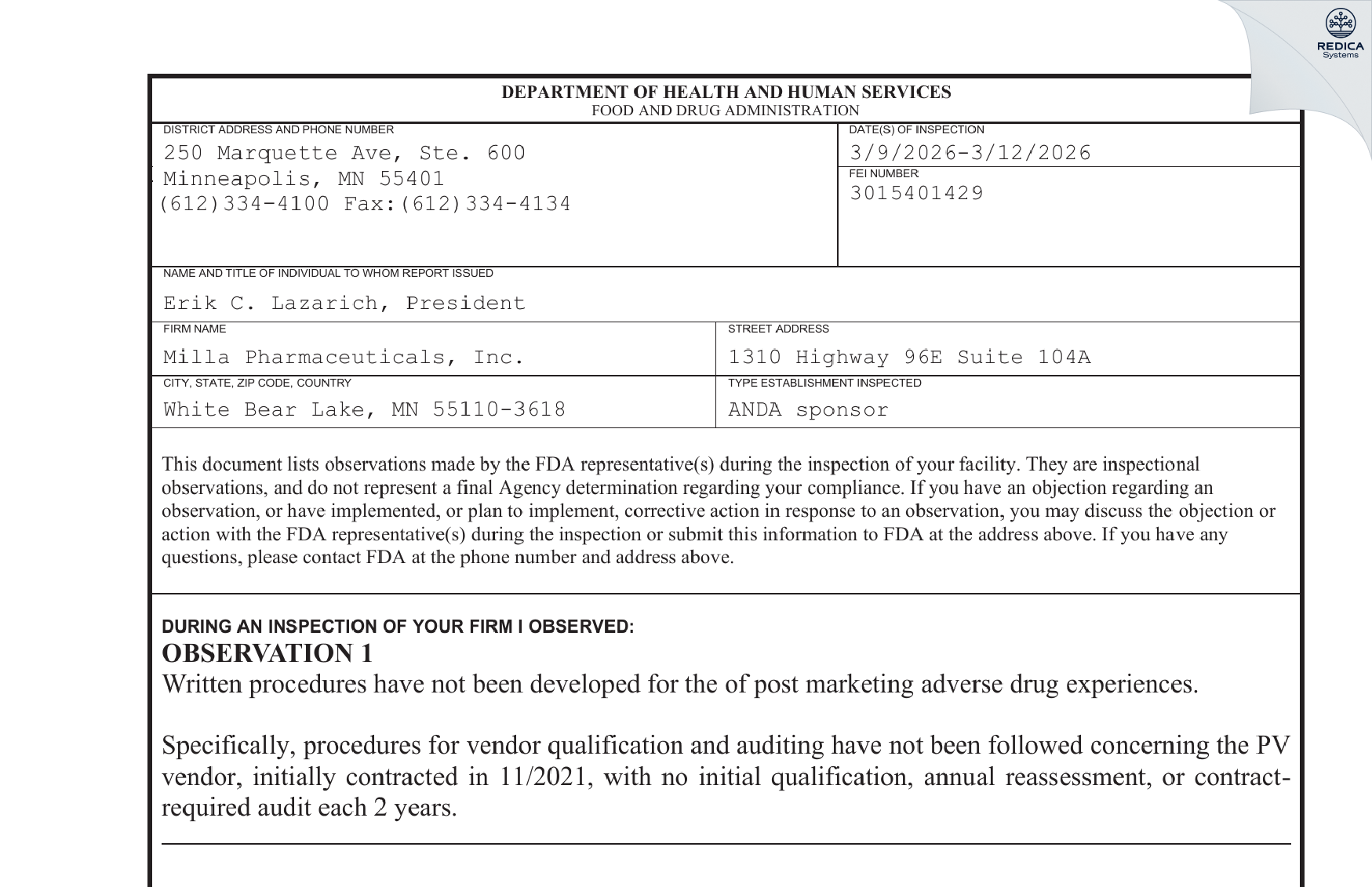 FDA 483 - Milla Pharmaceuticals, Inc. [Hopkins / United States of America] - Download PDF - Redica Systems