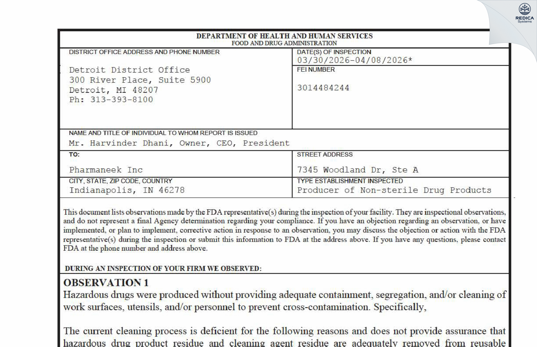 FDA 483 - Pharmaneek Inc [Indianapolis / United States of America] - Download PDF - Redica Systems