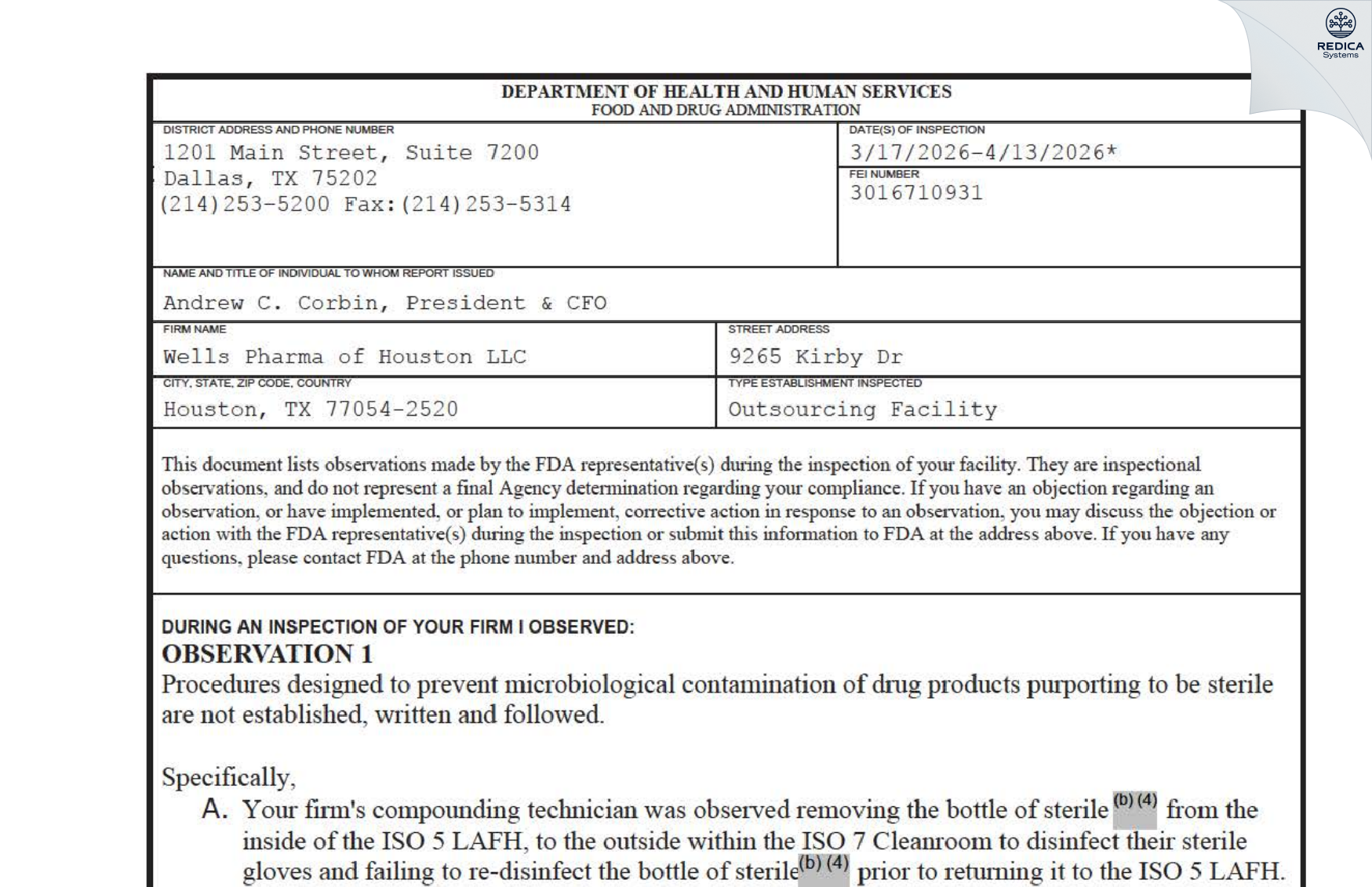 FDA 483 - Wells Pharma of Houston LLC [Houston / United States of America] - Download PDF - Redica Systems