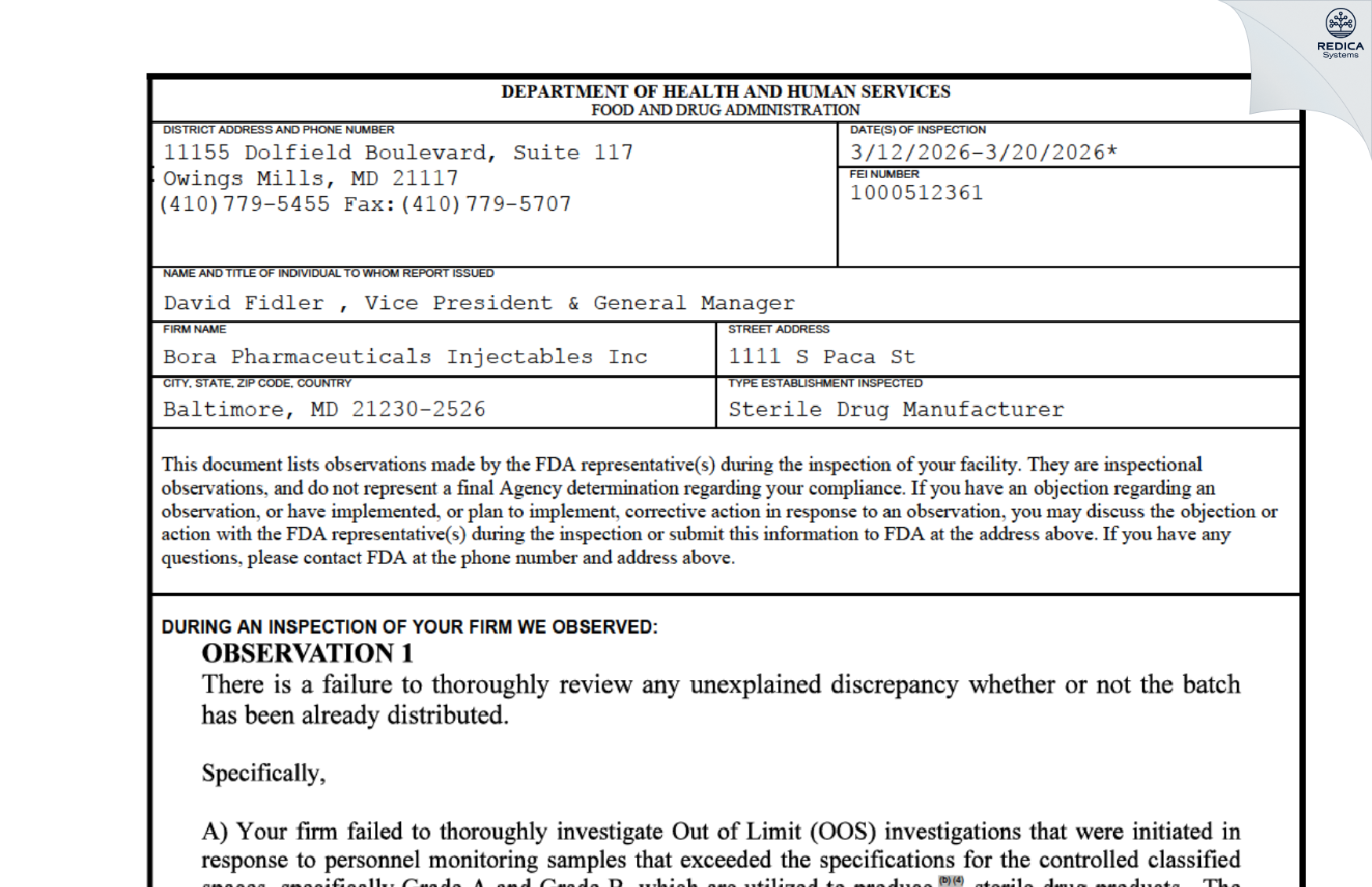 FDA 483 - Cangene BioPharma, LLC [Baltimore / United States of America] - Download PDF - Redica Systems
