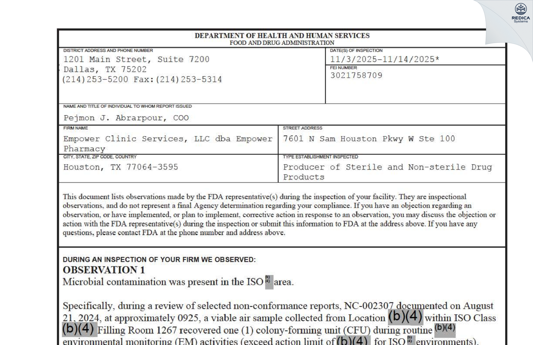 FDA 483 - EMPOWER CLINIC SERVICES LLC [Houston / United States of America] - Download PDF - Redica Systems
