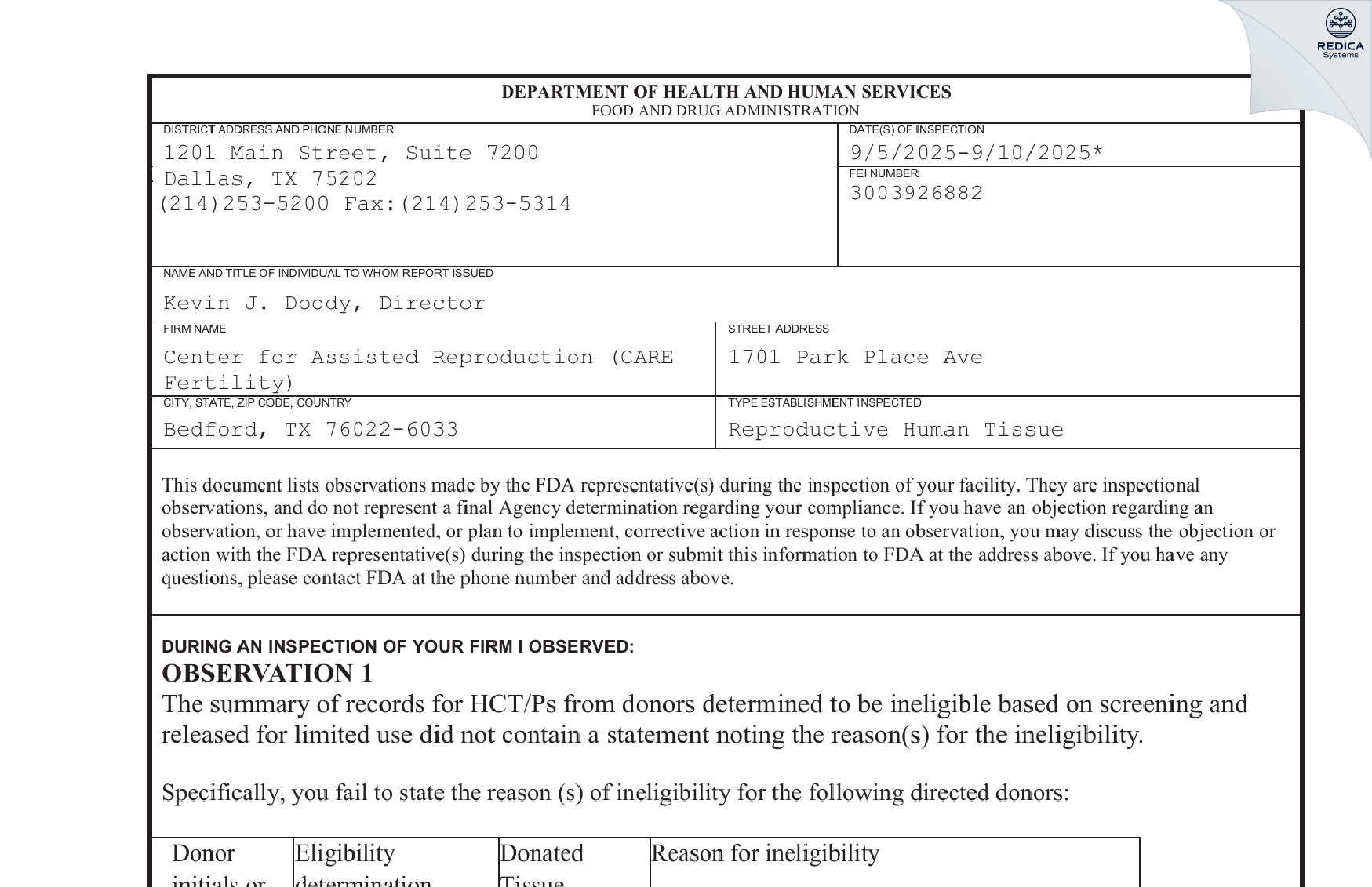 FDA 483 - Center for Assisted Reproduction [Bedford / United States of America] - Download PDF - Redica Systems