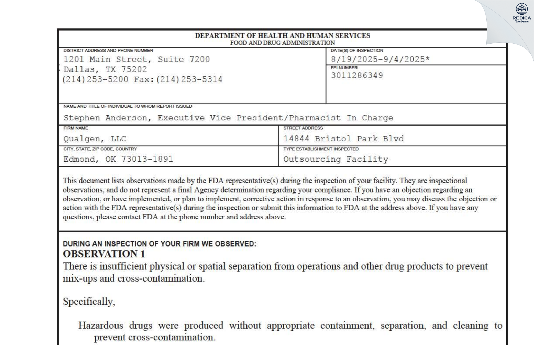 FDA 483 - Qualgen, LLC [Edmond / United States of America] - Download PDF - Redica Systems