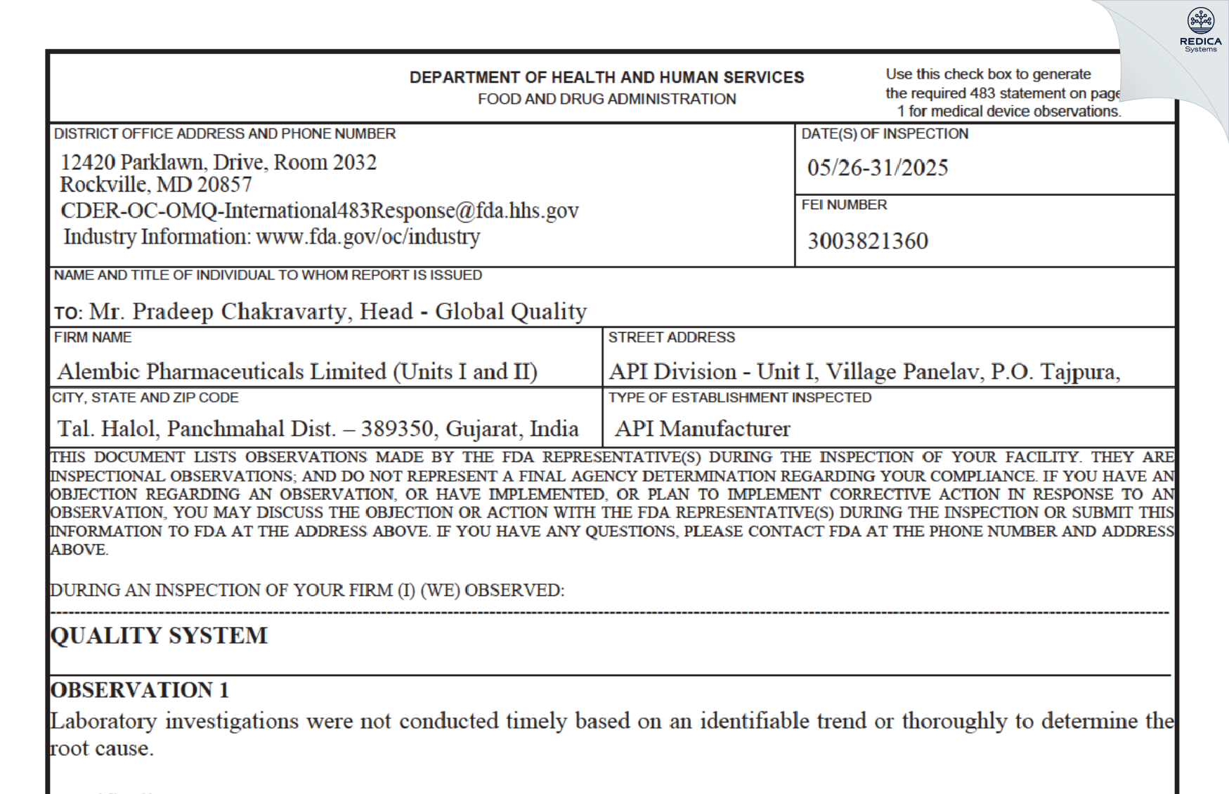 FDA 483 - Alembic Pharmaceuticals Limited [Halol / India] - Download PDF - Redica Systems