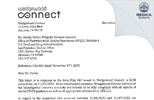 FDA 483 Response - Wedgewood Connect, LLC [San Jose / United States of America] - Download PDF - Redica Systems