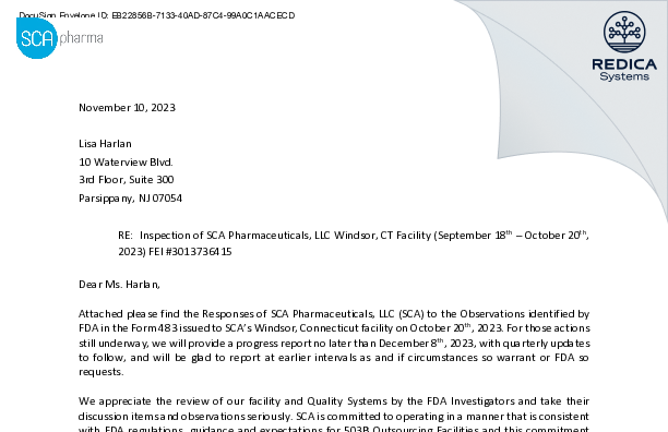 FDA 483 Response - SCA Pharmaceuticals, LLC [Windsor / United States of America] - Download PDF - Redica Systems