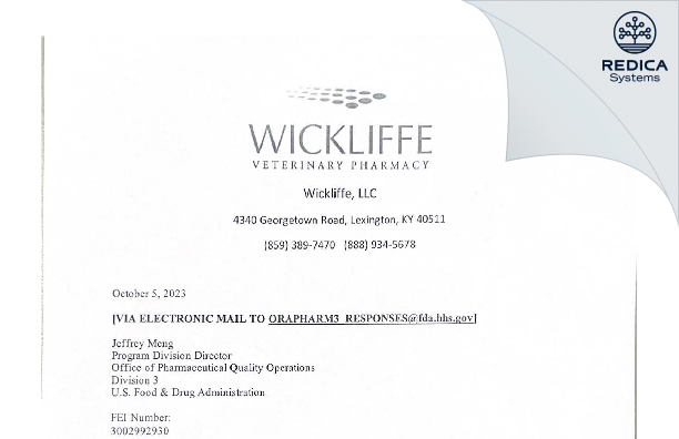 FDA 483 Response - Wickliffe Pharmaceutical Inc [Lexington / United States of America] - Download PDF - Redica Systems