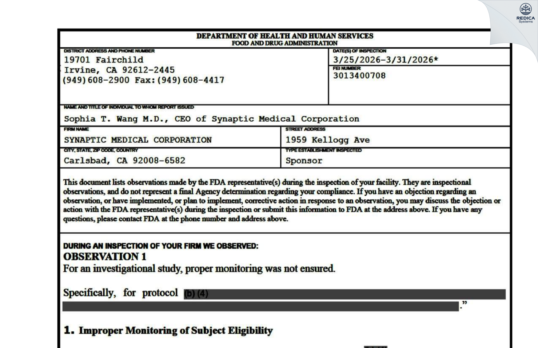 FDA 483 - SYNAPTIC MEDICAL CORPORATION [Carlsbad / United States of America] - Download PDF - Redica Systems