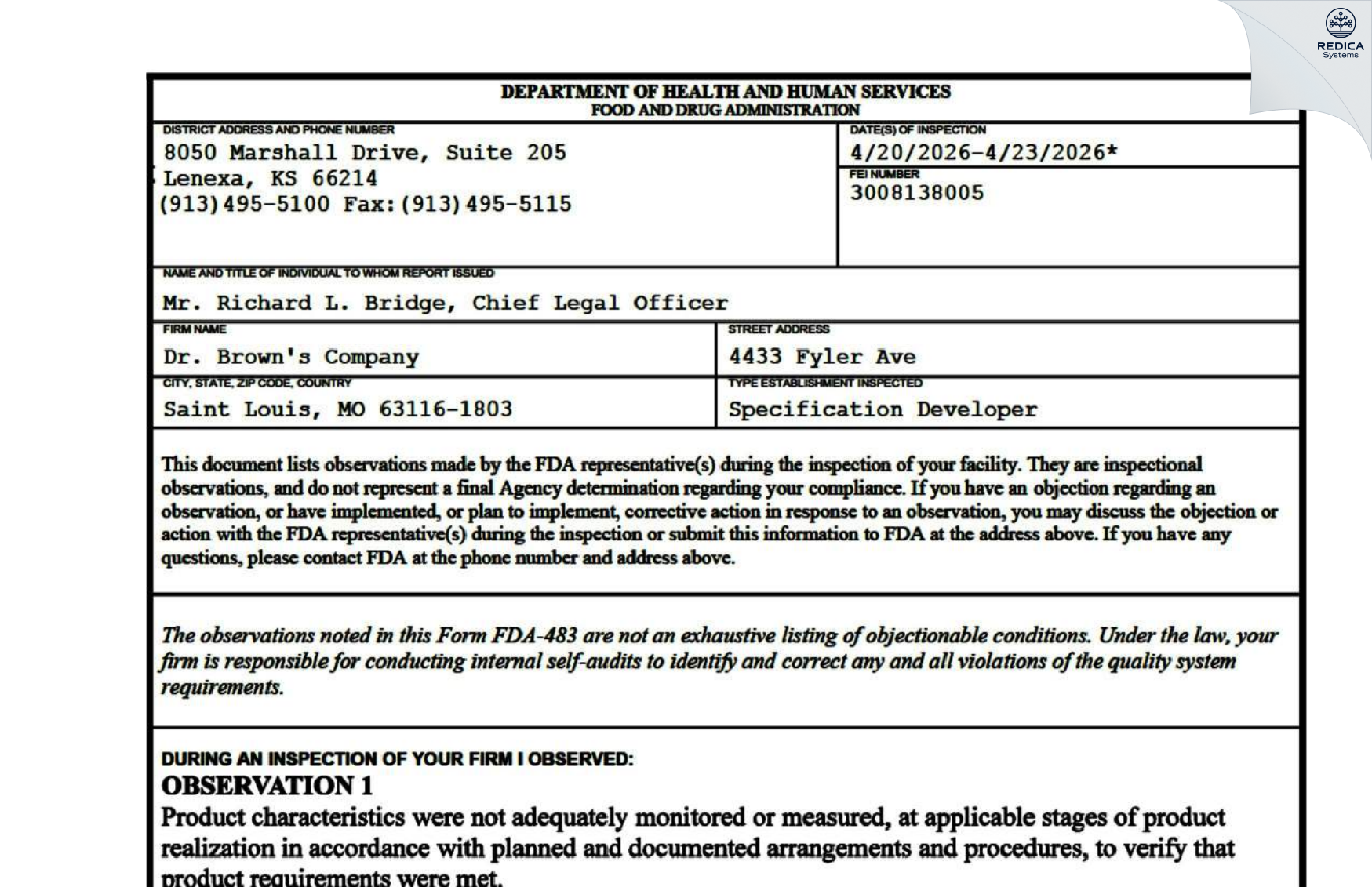 FDA 483 - Handi-Craft Company [Saint Louis / United States of America] - Download PDF - Redica Systems