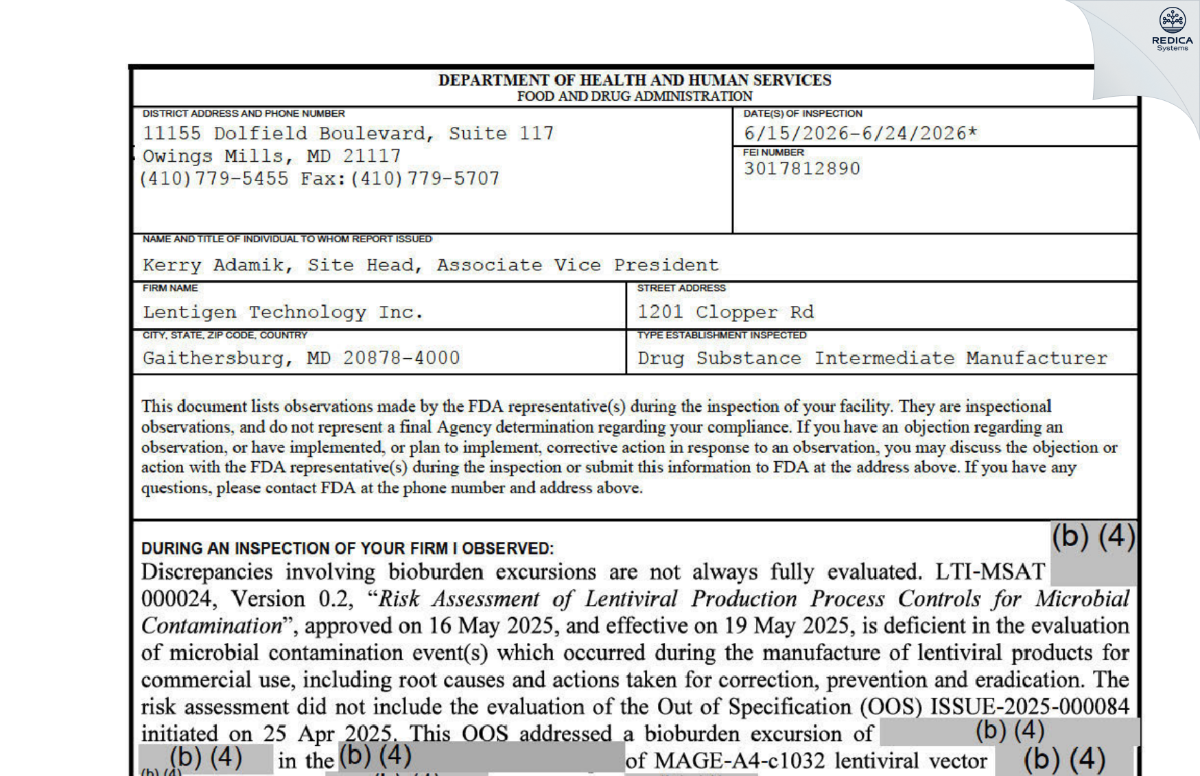 FDA 483 - Lentigen Technology Inc [Gaithersburg / United States of America] - Download PDF - Redica Systems