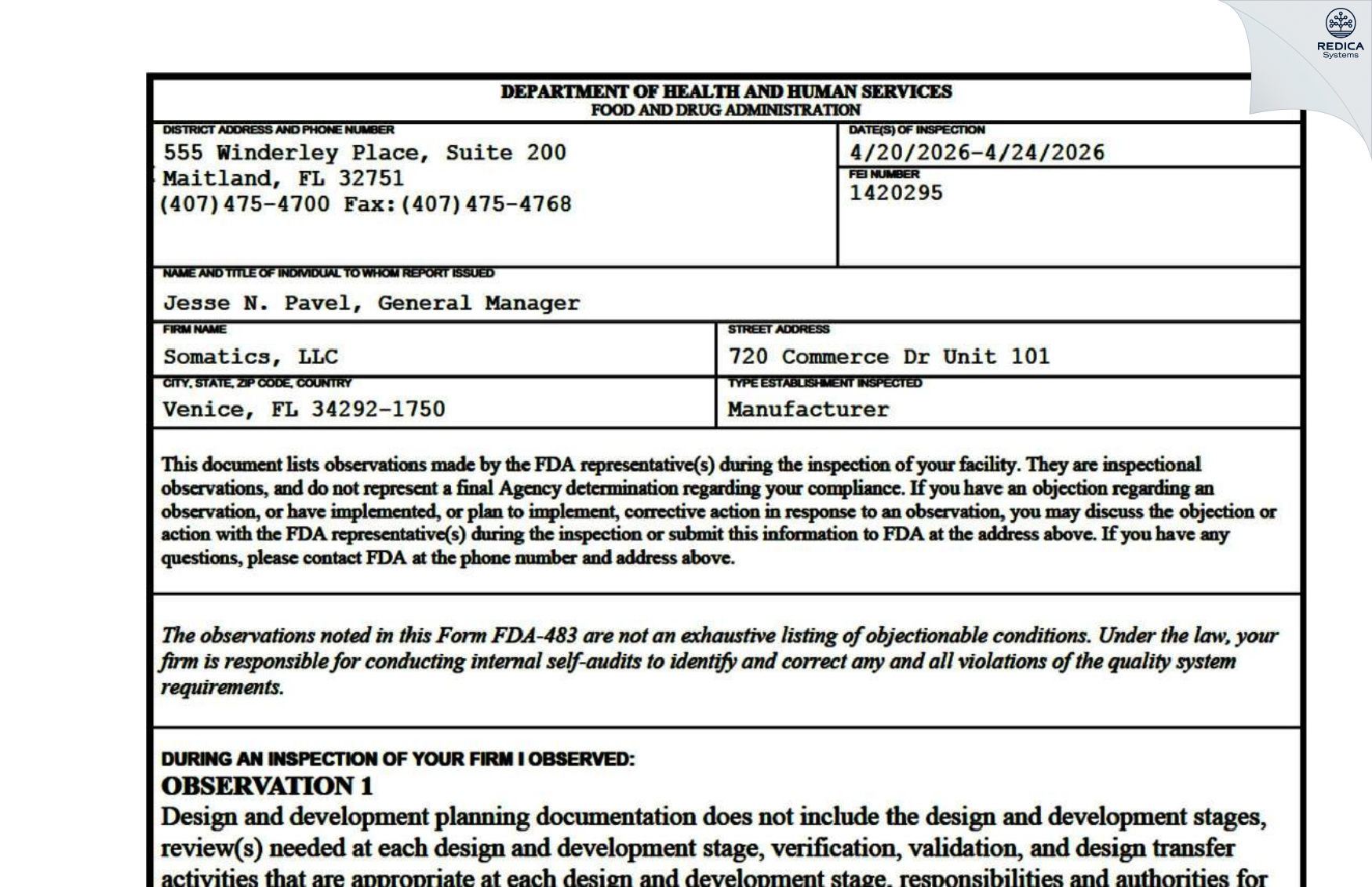 FDA 483 - Somatics, LLC [Venice / United States of America] - Download PDF - Redica Systems
