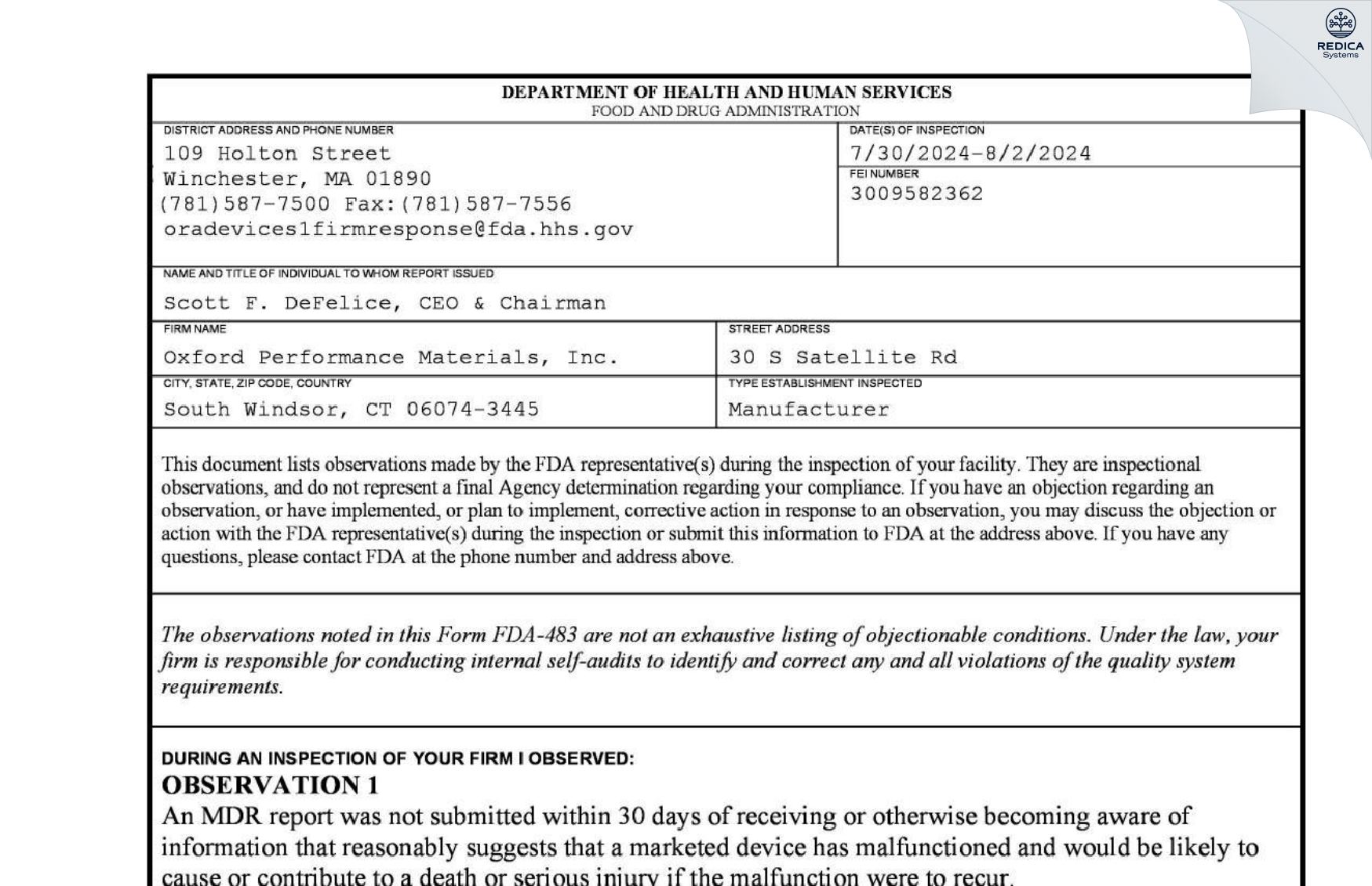 FDA 483 - Oxford Performance Materials, Inc. [South Windsor / United States of America] - Download PDF - Redica Systems