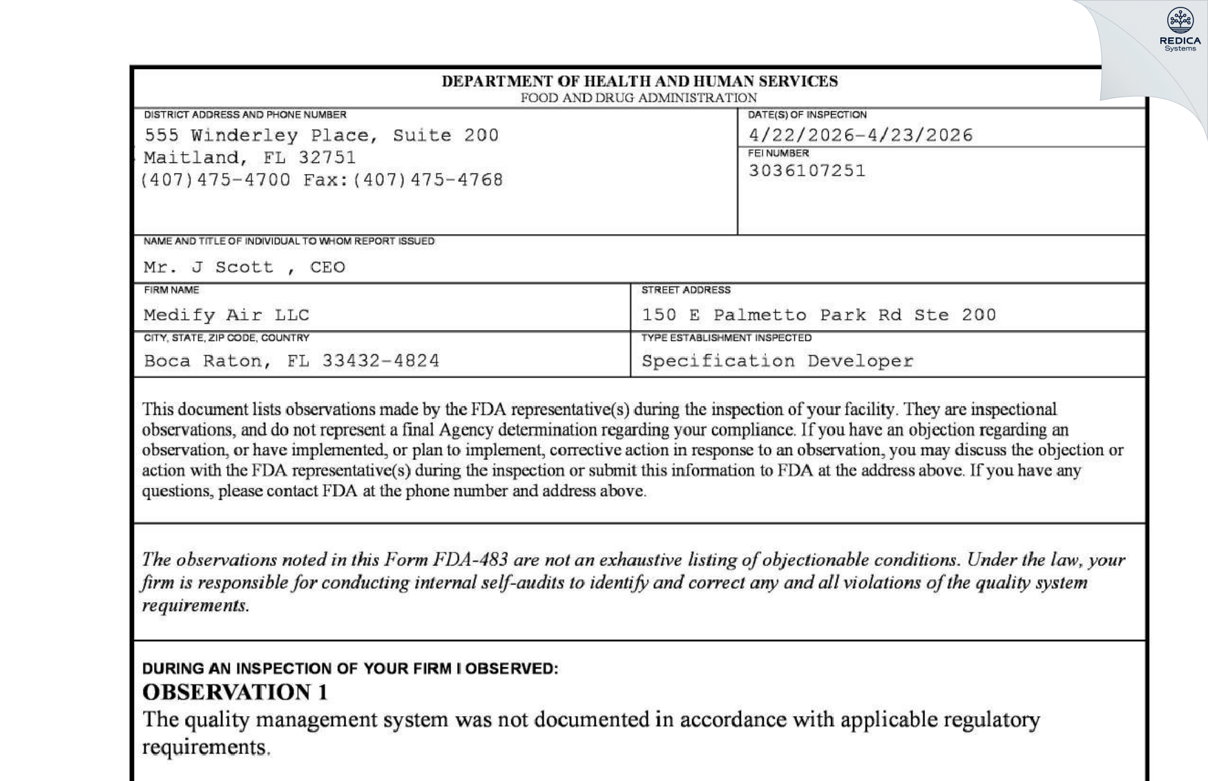 FDA 483 - MEDIFY AIR LLC [Boca Raton / United States of America] - Download PDF - Redica Systems