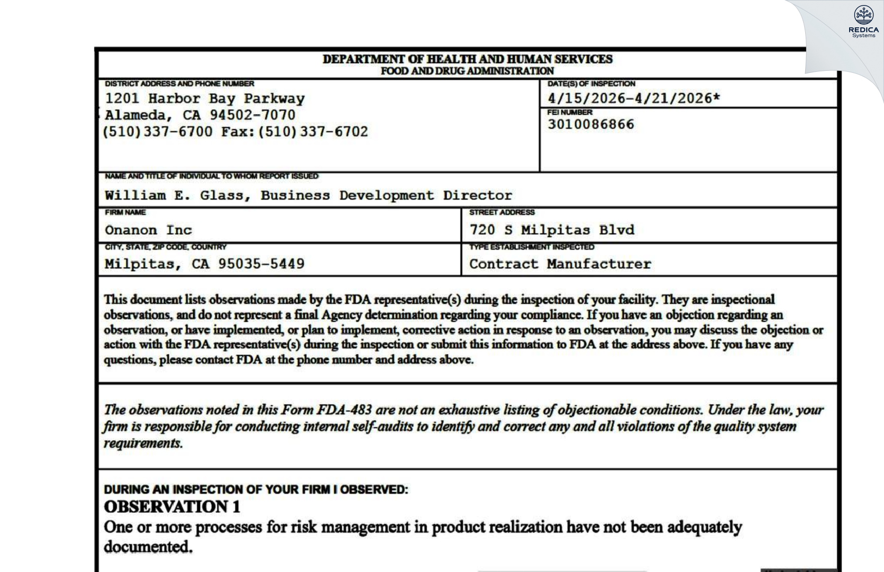FDA 483 - ONANON, INC [Milpitas / United States of America] - Download PDF - Redica Systems