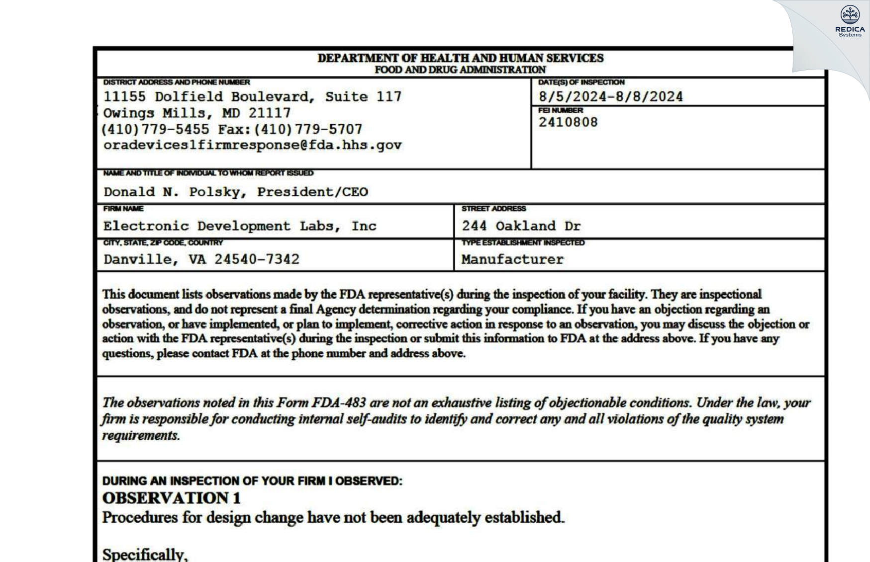 FDA 483 - Electronic Development Labs, Inc [Danville / United States of America] - Download PDF - Redica Systems