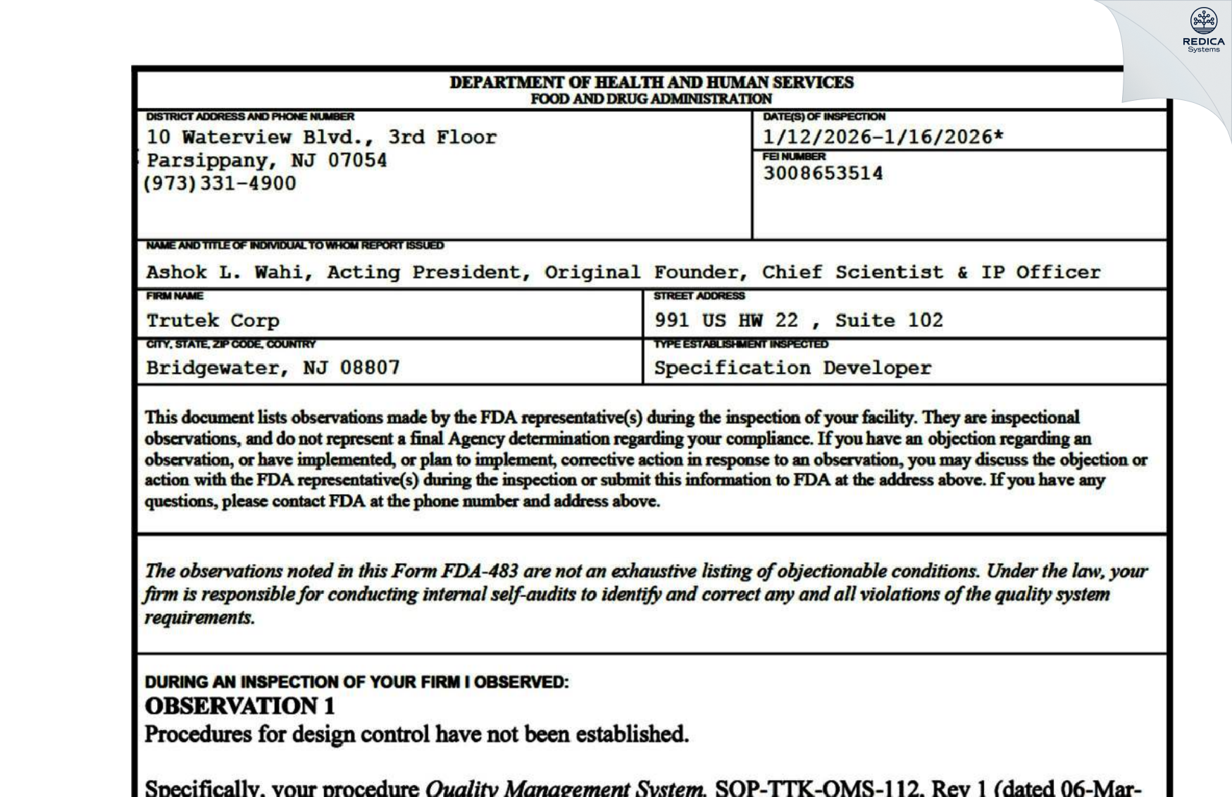 FDA 483 - Trutek Corp [Somerville / United States of America] - Download PDF - Redica Systems