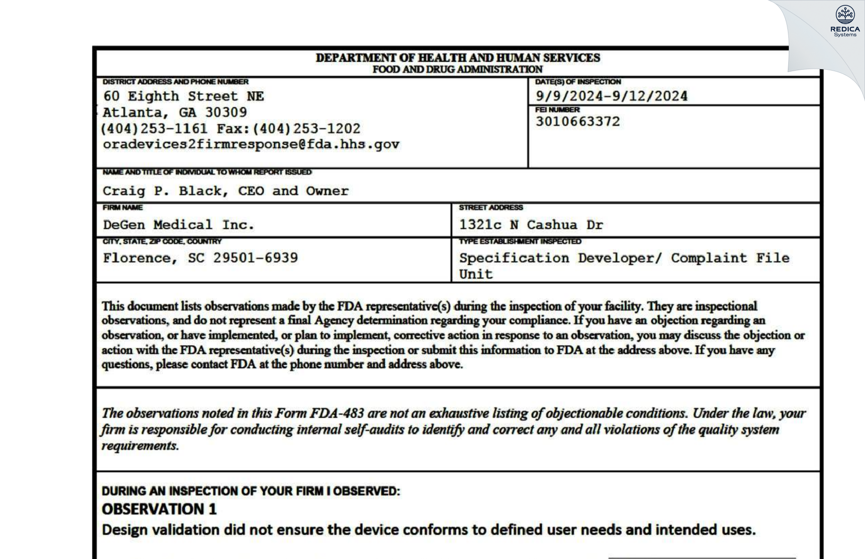 FDA 483 - DeGen Medical Inc. [Florence / United States of America] - Download PDF - Redica Systems