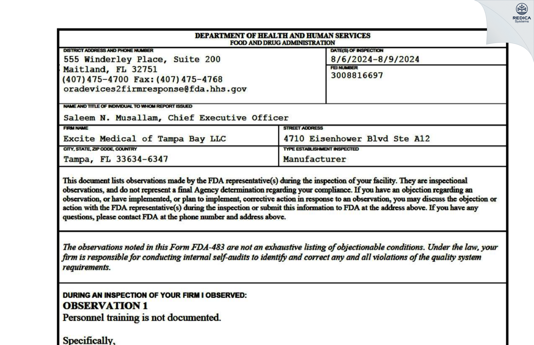FDA 483 - Excite Medical of Tampa Bay LLC [Tampa / United States of America] - Download PDF - Redica Systems