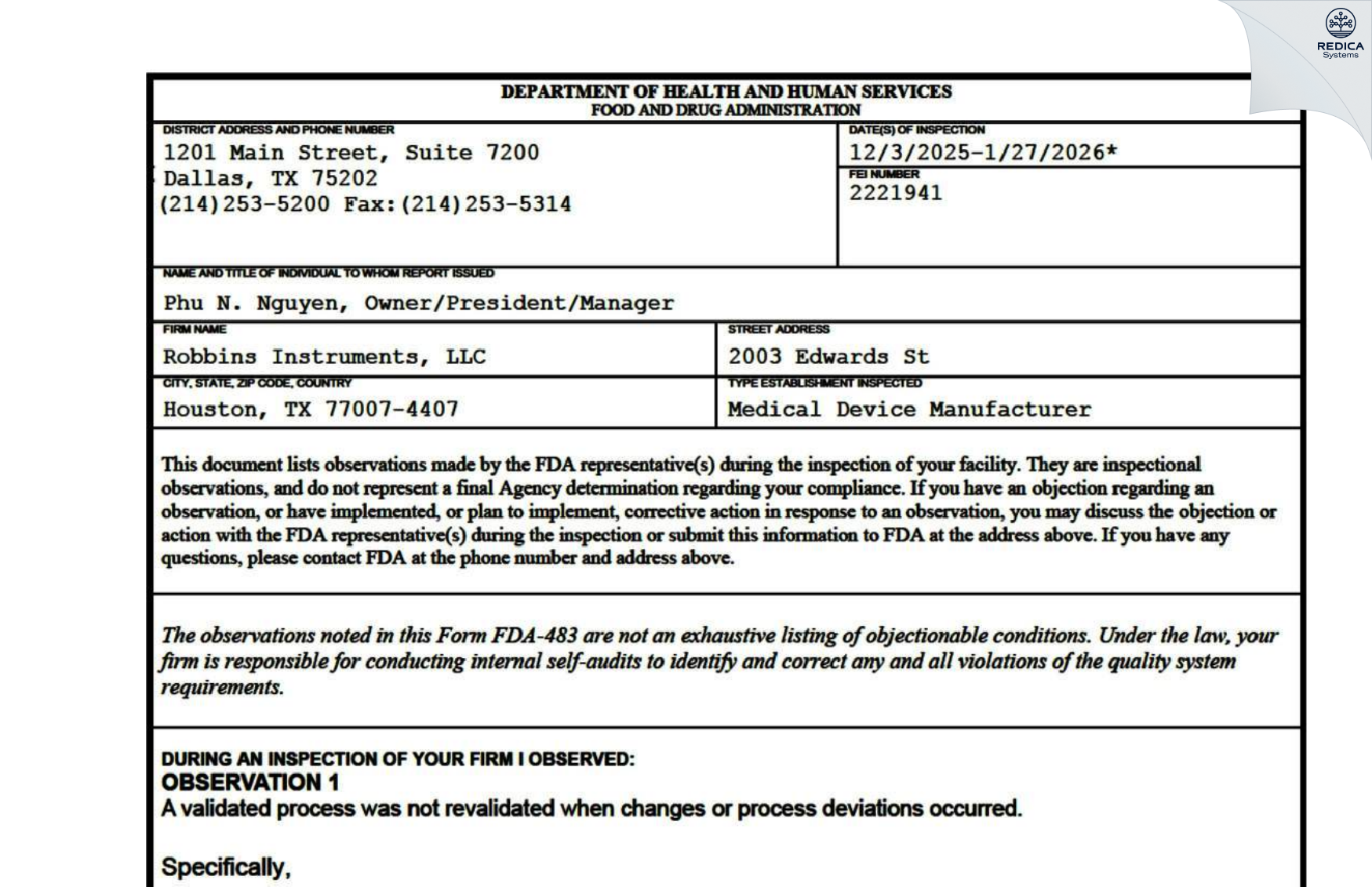 FDA 483 - Robbins Instruments, LLC [Houston / United States of America] - Download PDF - Redica Systems