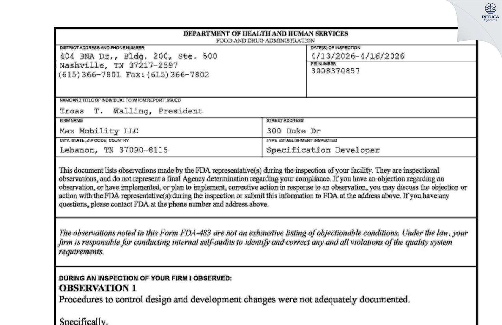 FDA 483 - Max Mobility LLC [Lebanon / United States of America] - Download PDF - Redica Systems