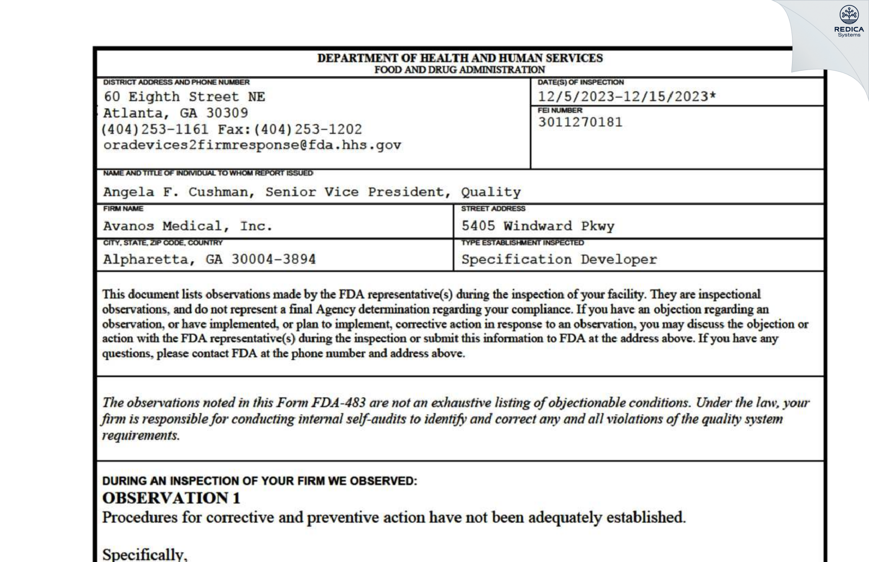 FDA 483 - Avanos Medical, Inc. [Alpharetta / United States of America] - Download PDF - Redica Systems