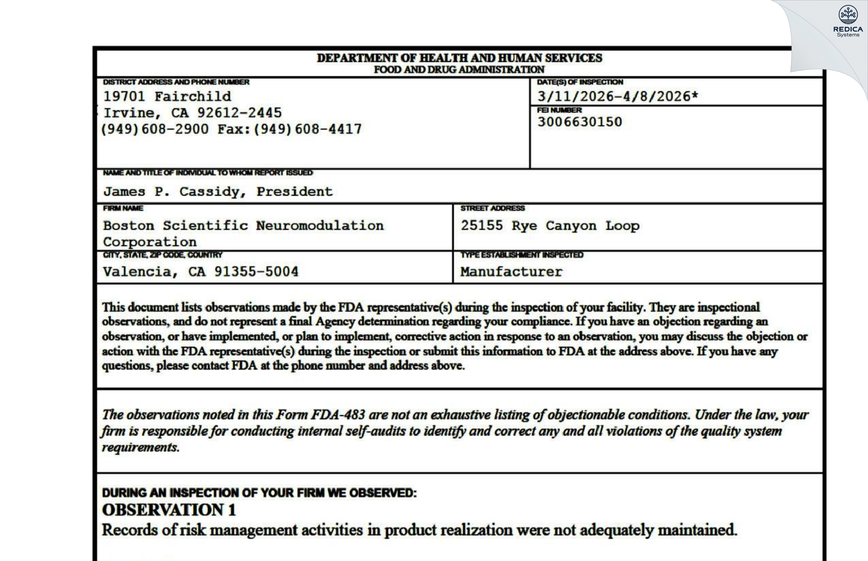 FDA 483 - Boston Scientific Neuromodulation Corporation [Valencia / United States of America] - Download PDF - Redica Systems