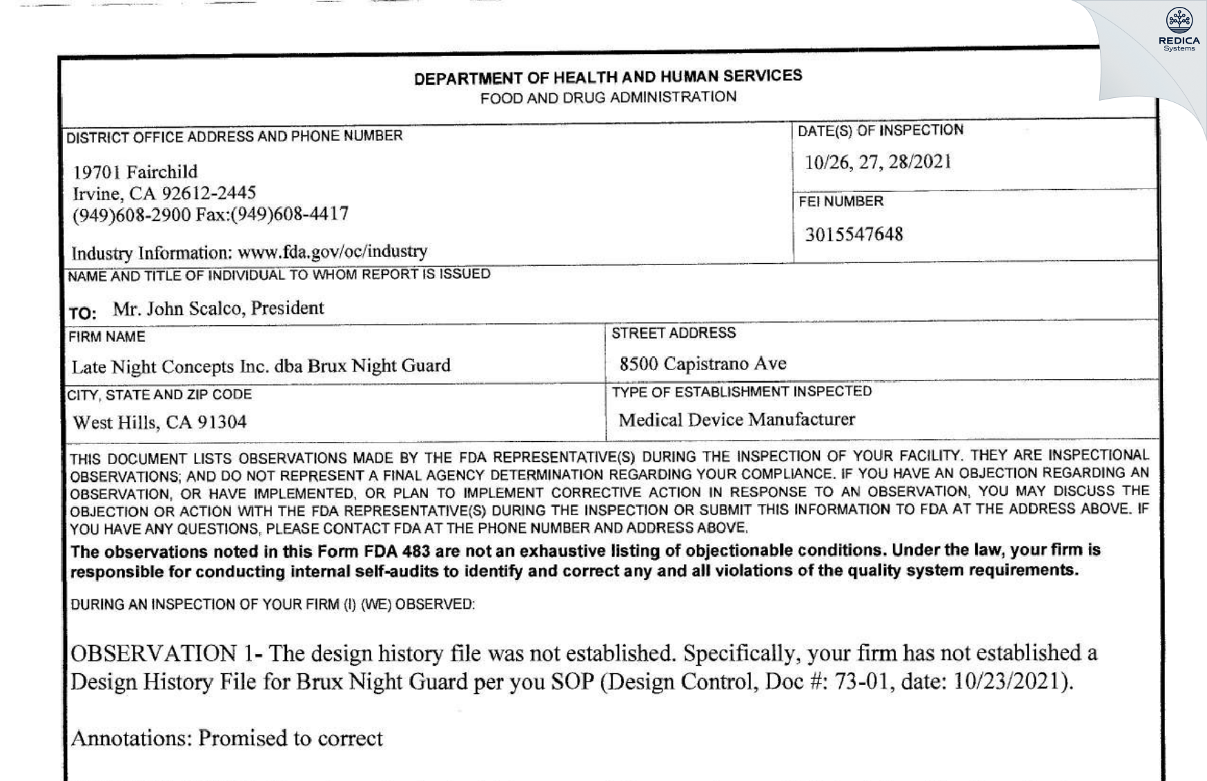 FDA 483 - LATE NIGHT CONCEPTS INC. (DBA BRUX NIGHT GUARD) [Canoga Park / United States of America] - Download PDF - Redica Systems