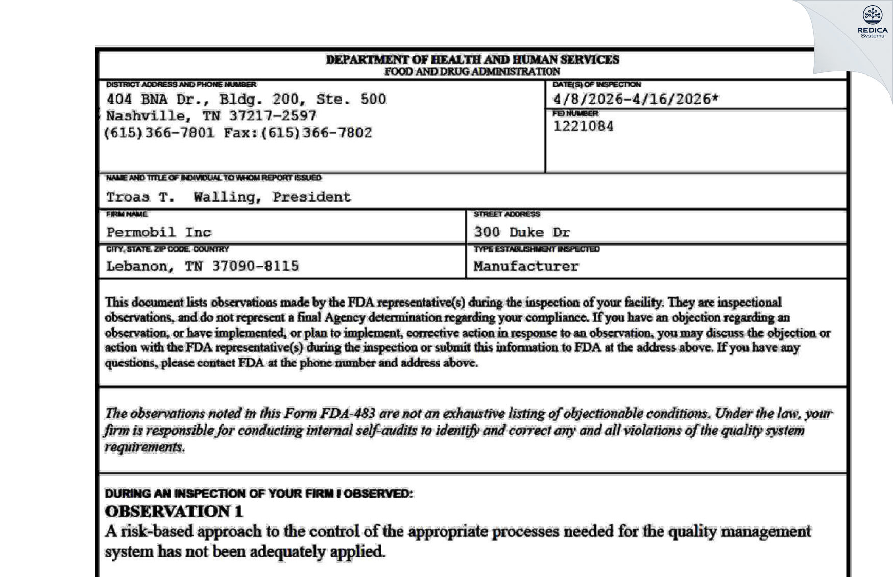 FDA 483 - Permobil Inc [Lebanon / United States of America] - Download PDF - Redica Systems