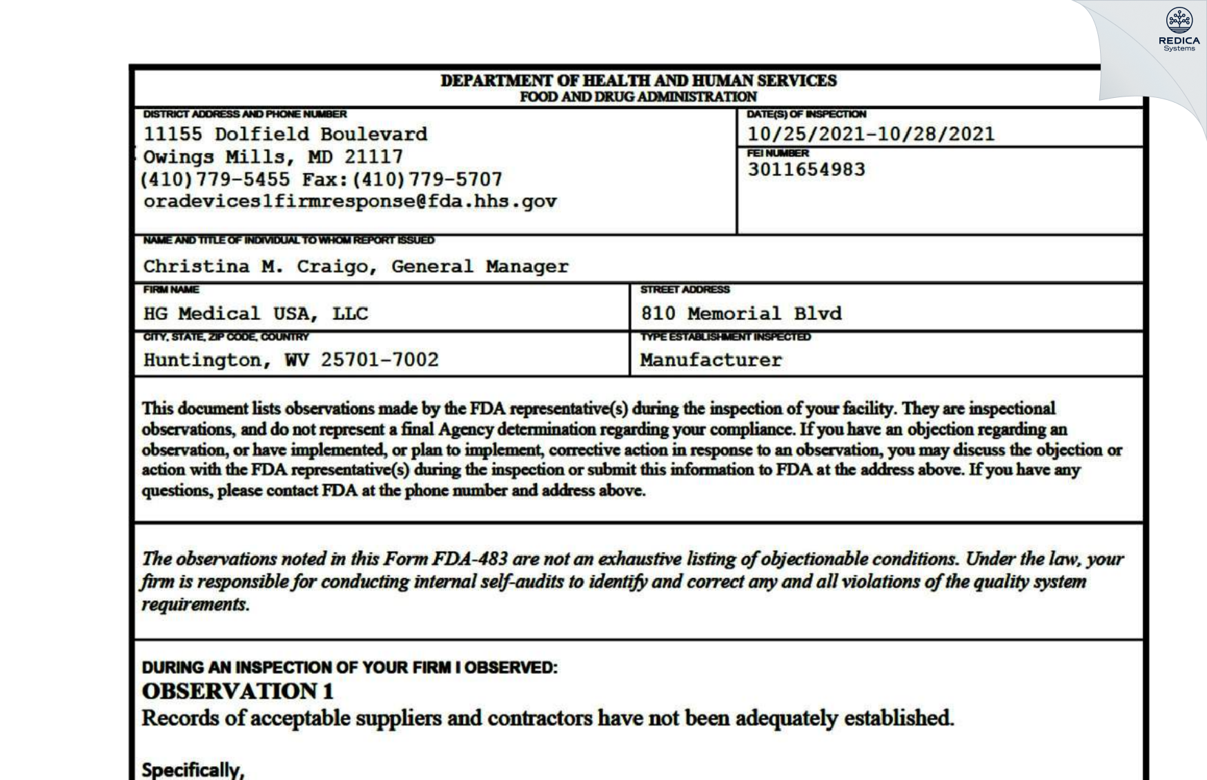 FDA 483 - HG Medical USA, LLC [Huntington / United States of America] - Download PDF - Redica Systems