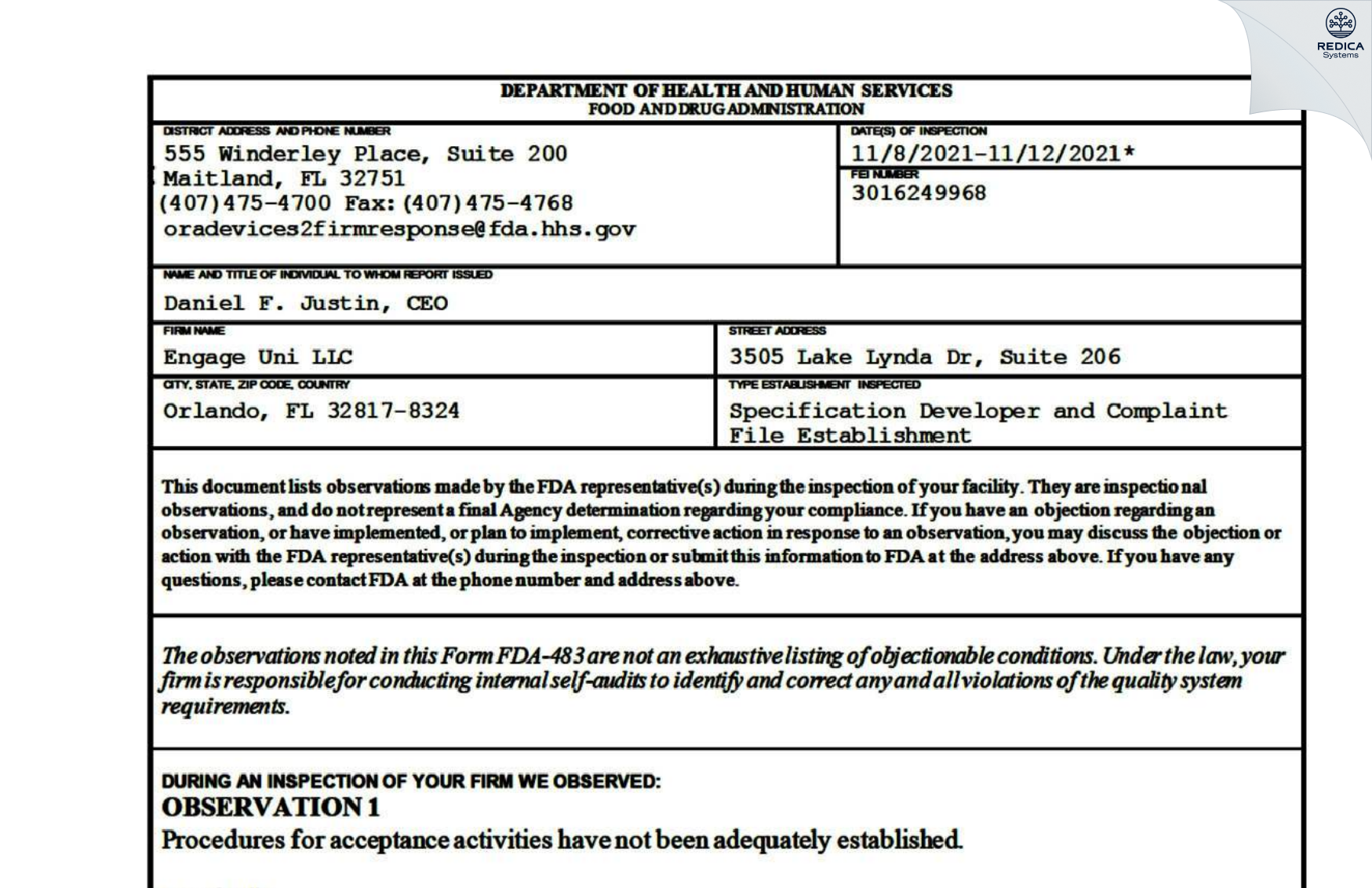FDA 483 - Engage Uni LLC [Orlando / United States of America] - Download PDF - Redica Systems