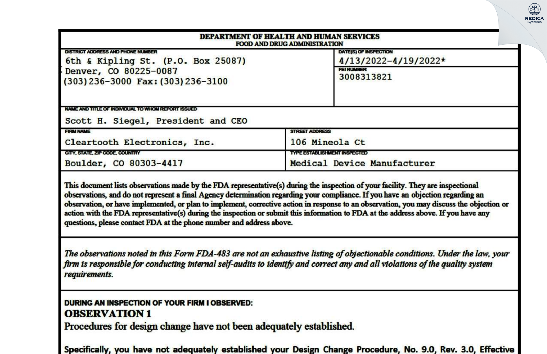 FDA 483 - Cleartooth Electronics, Inc. [Boulder / United States of America] - Download PDF - Redica Systems