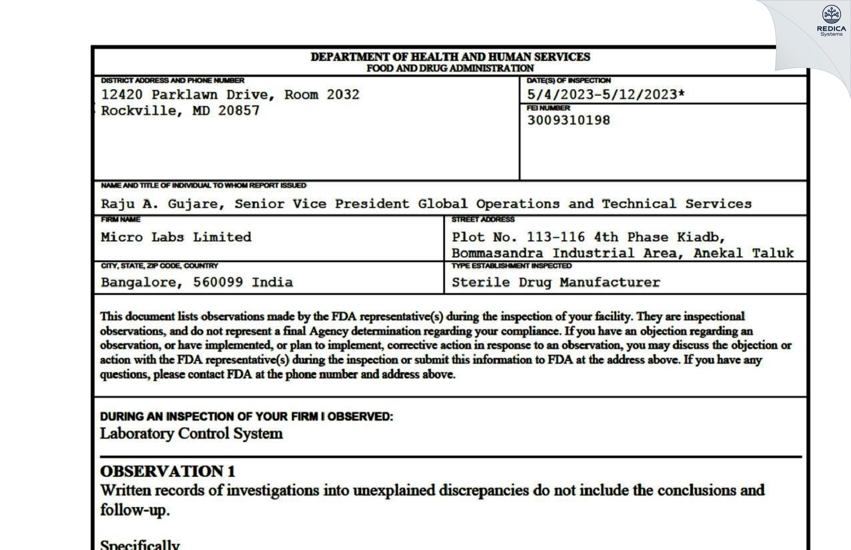 FDA 483 - Micro Labs Limited [Bengaluuru / India] - Download PDF - Redica Systems