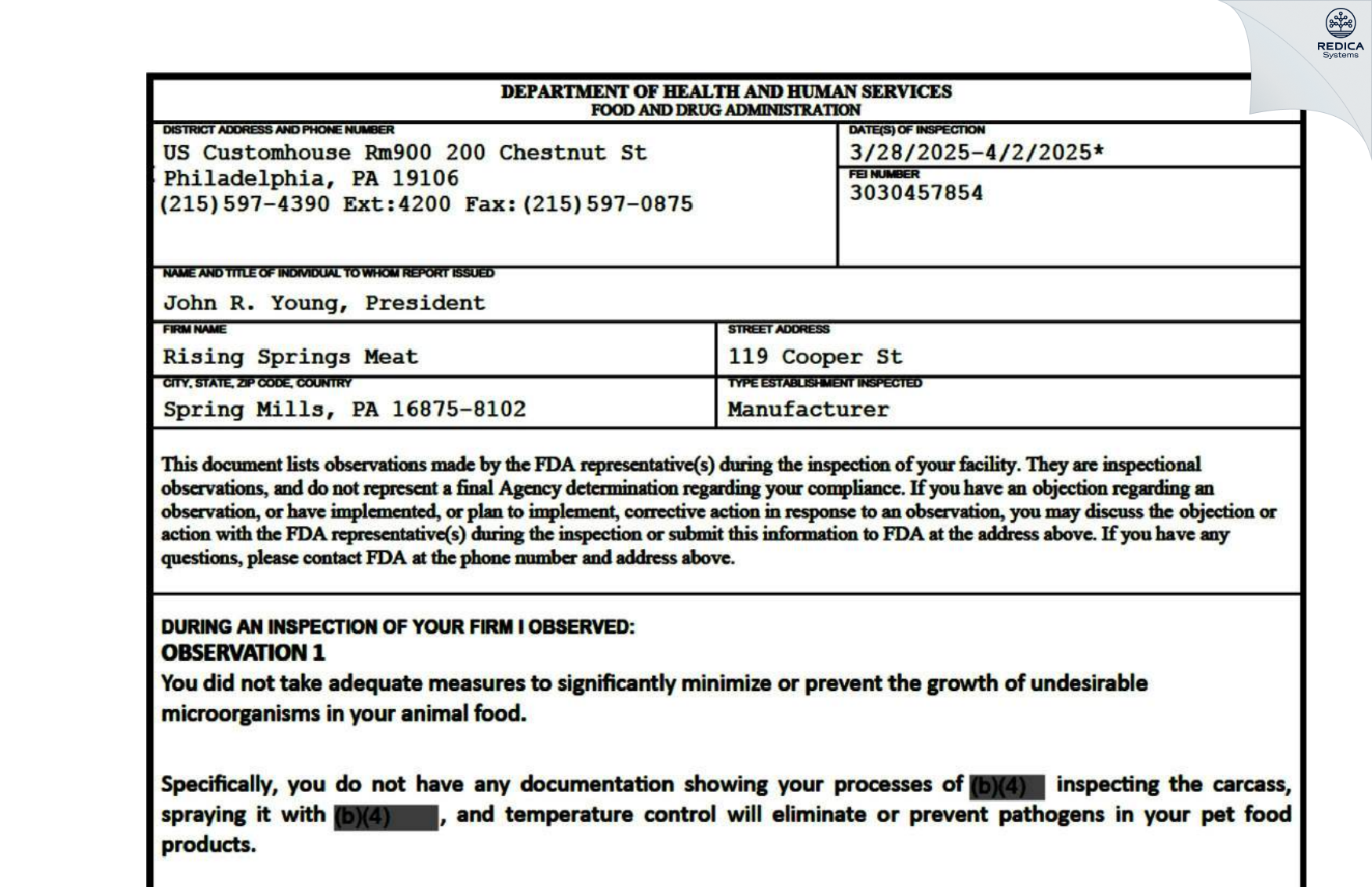 FDA 483 - Rising Springs Meat [Spring Mills / United States of America] - Download PDF - Redica Systems