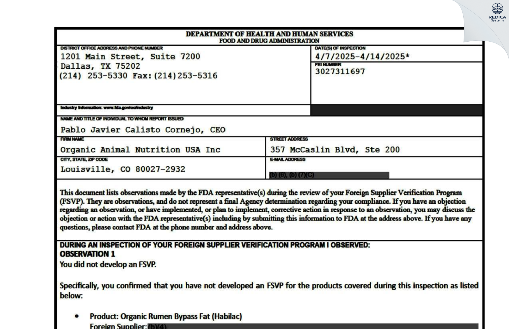 FDA 483 - Organic Animal Nutrition USA Inc [Louisville / United States of America] - Download PDF - Redica Systems