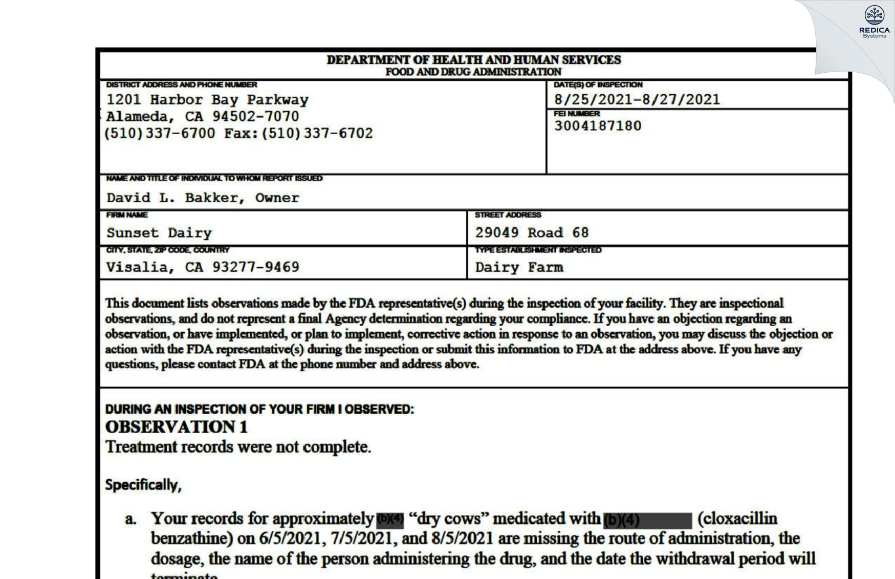 FDA 483 - Sunset Dairy [Visalia / United States of America] - Download PDF - Redica Systems
