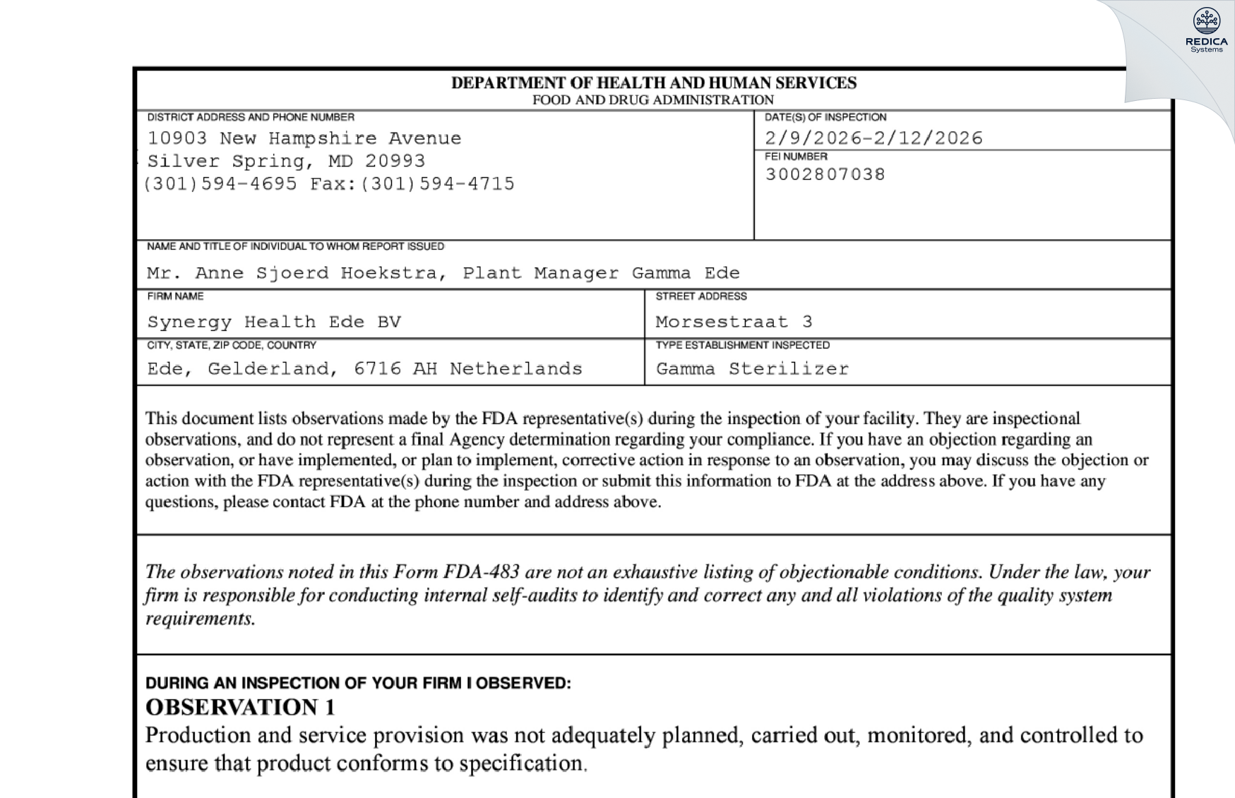 FDA 483 - Synergy Health Ede B.v. [Ede / Netherlands] - Download PDF - Redica Systems