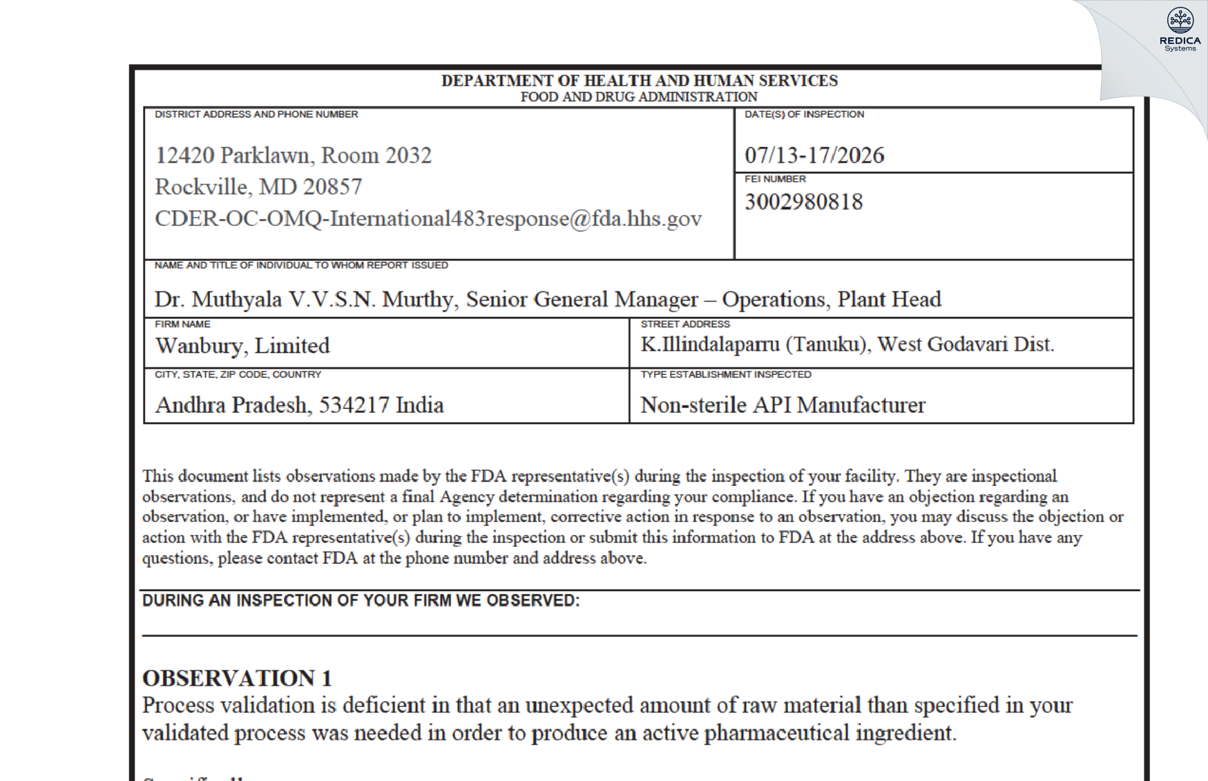FDA 483 - DOCTORS ORGANIC CHEMICALS DIVISION [Iragavaram / India] - Download PDF - Redica Systems